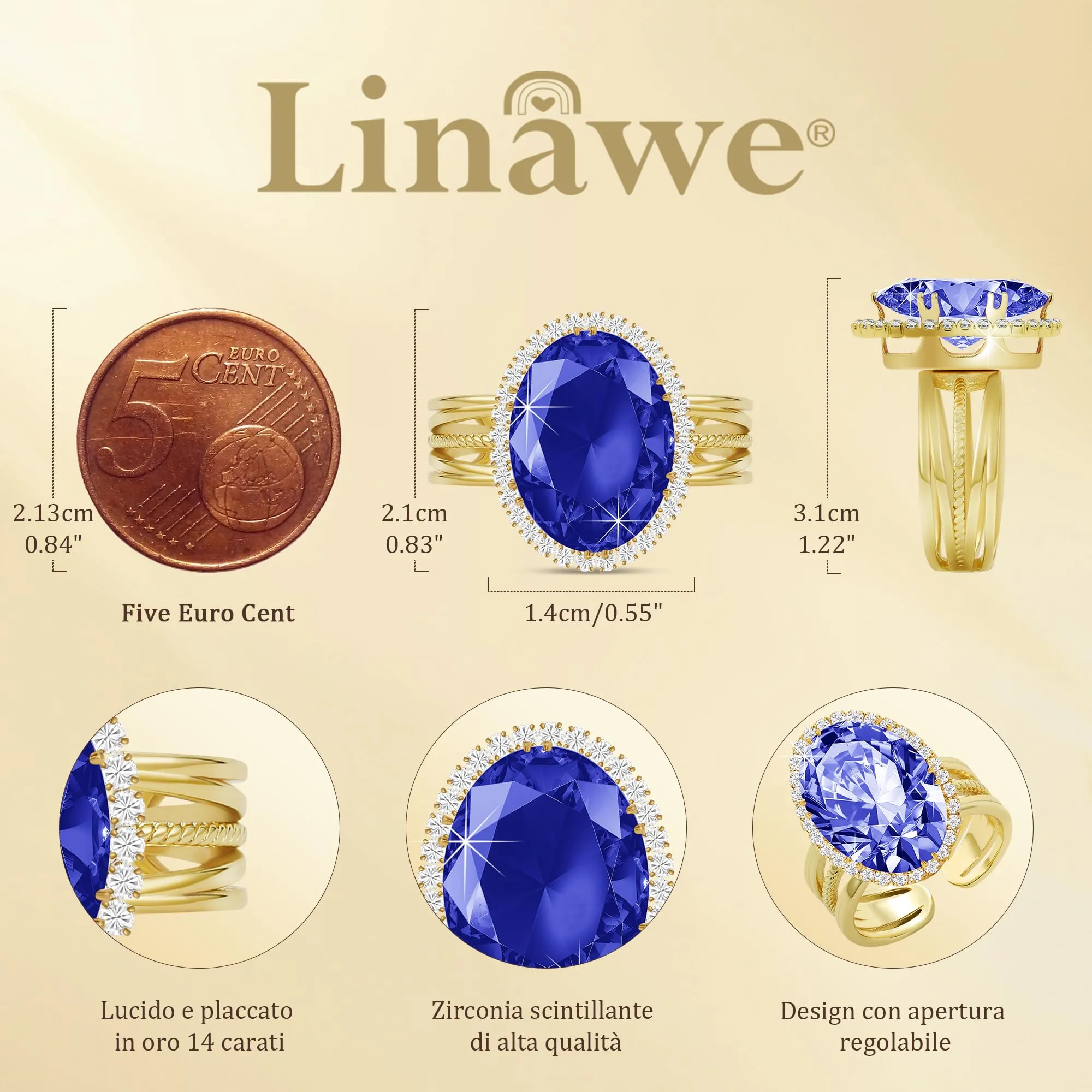 Linawe Anello Regolabile Placcato Oro con Pietra Blu e Zirconi - immagine 4