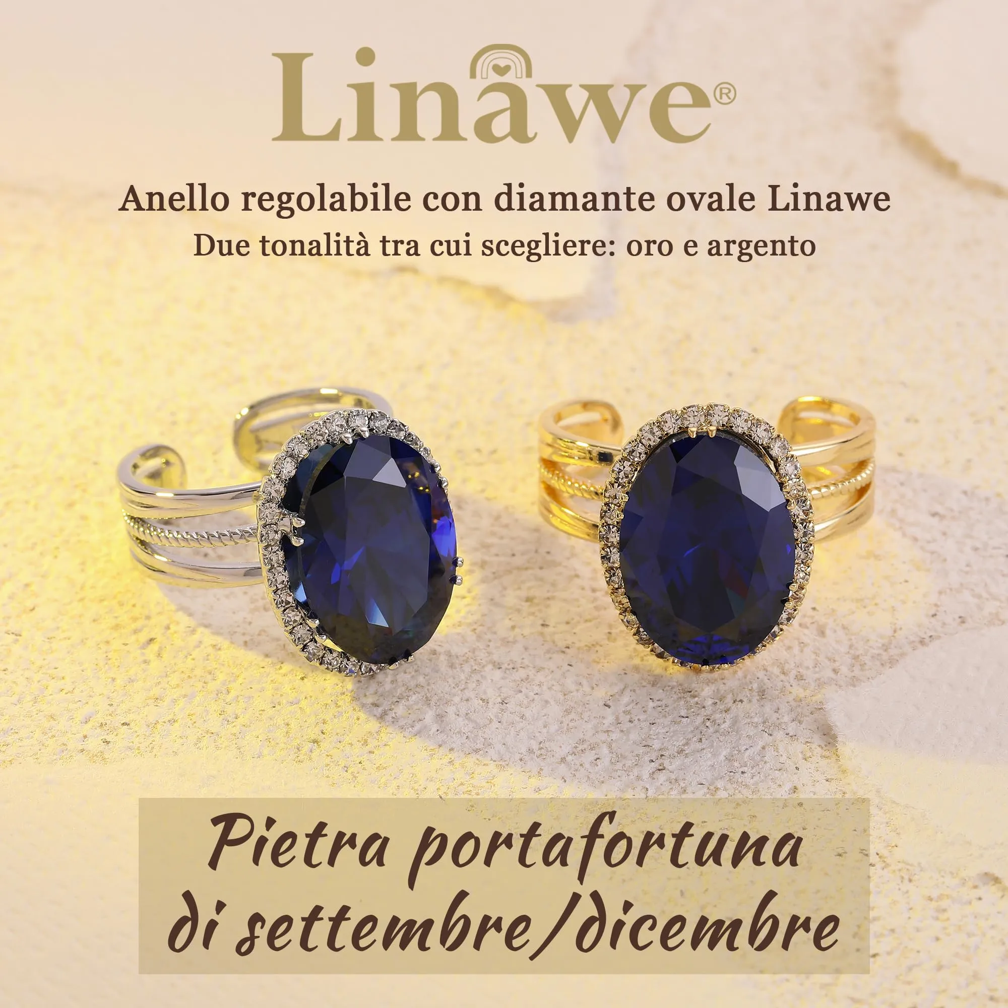 Linawe Anello Regolabile Placcato Oro con Pietra Blu e Zirconi - immagine 5
