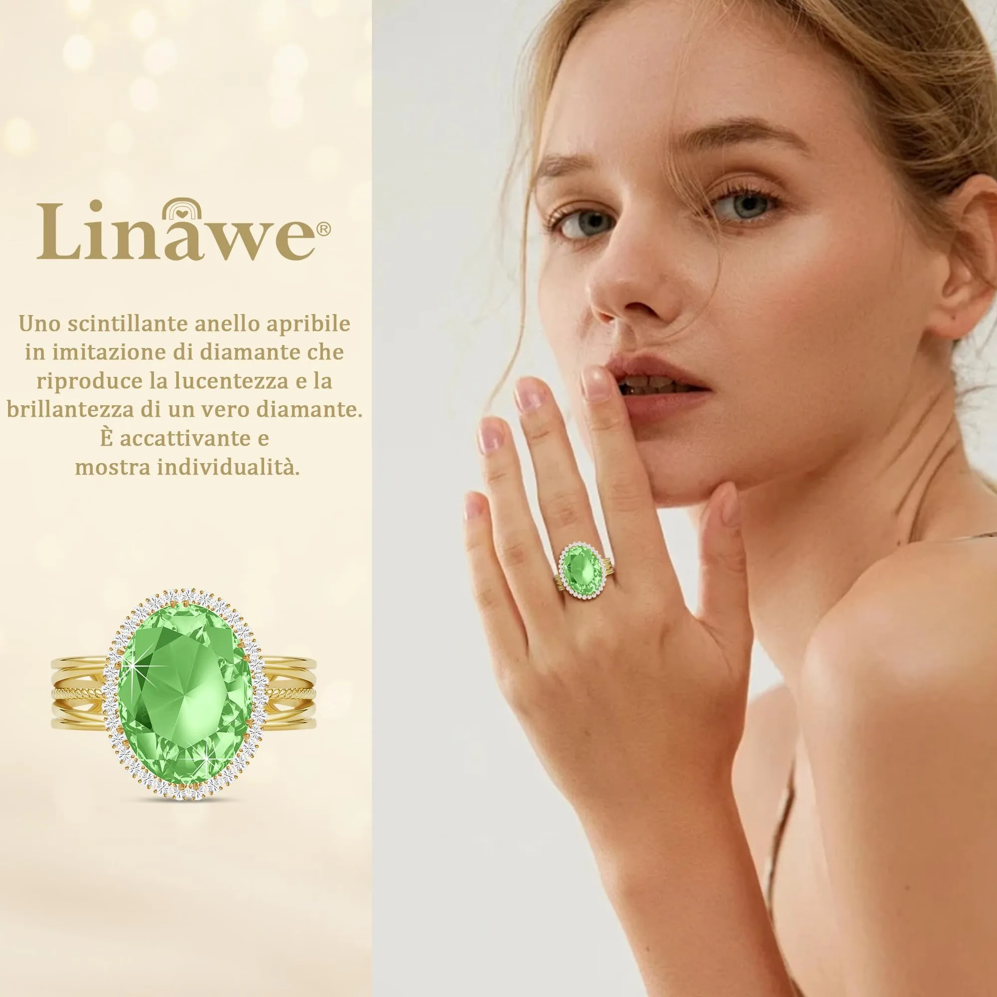 Linawe Anello da donna regolabile placcato oro con pietra turchese e zirconi - immagine 2