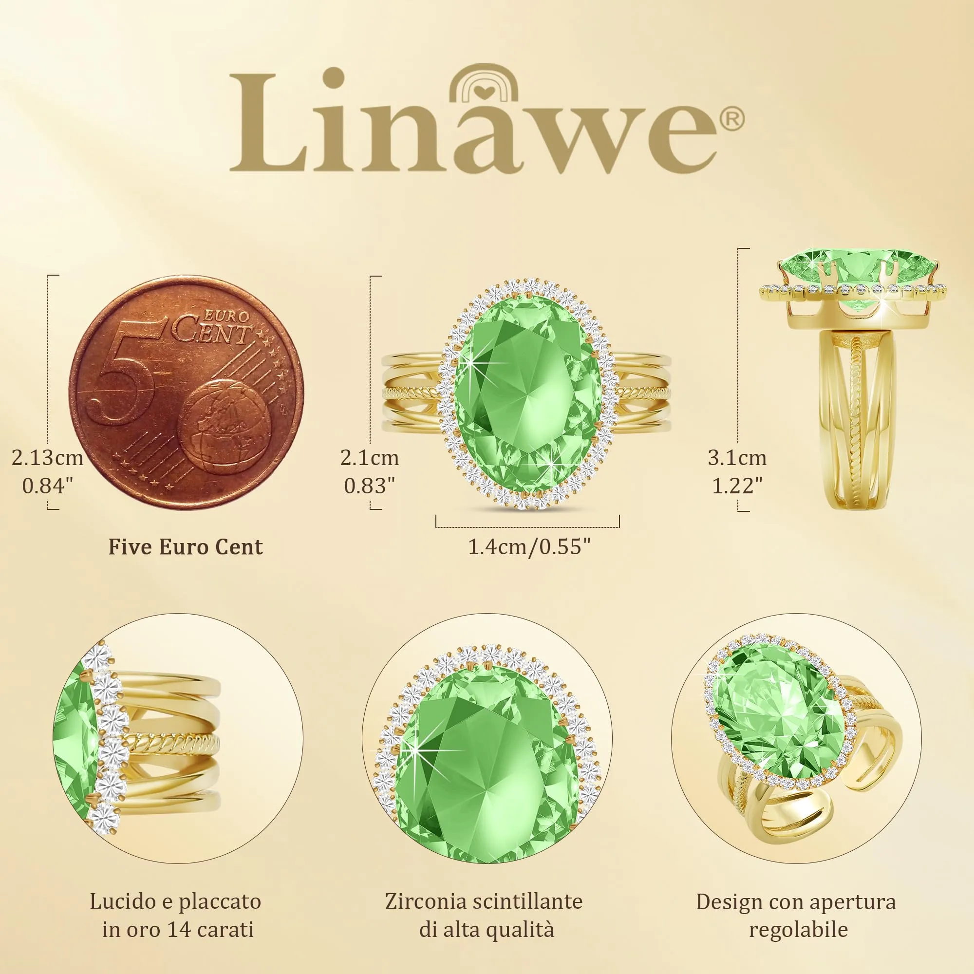 Linawe Anello da donna regolabile placcato oro con pietra turchese e zirconi - immagine 4