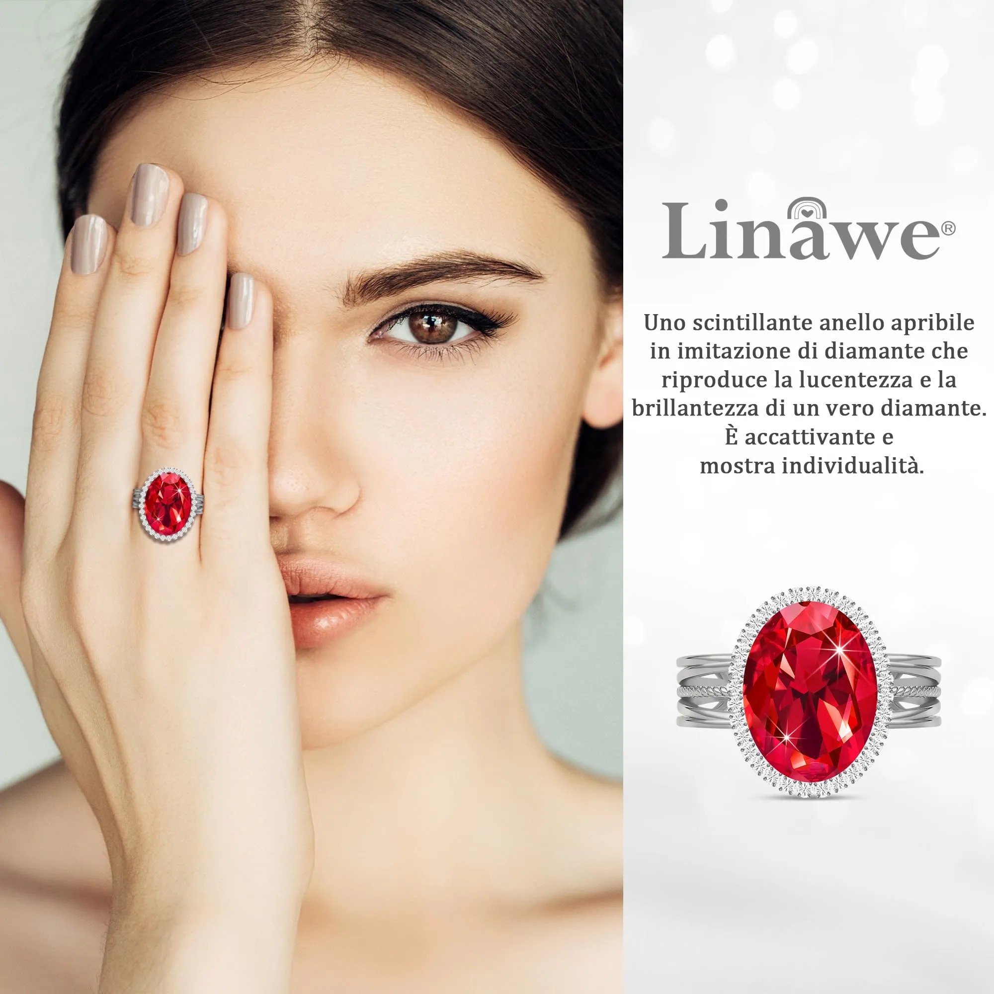 Linawe Anello Regolabile con Moissanite e Zirconi in Oro Bianco/Argento - immagine 2