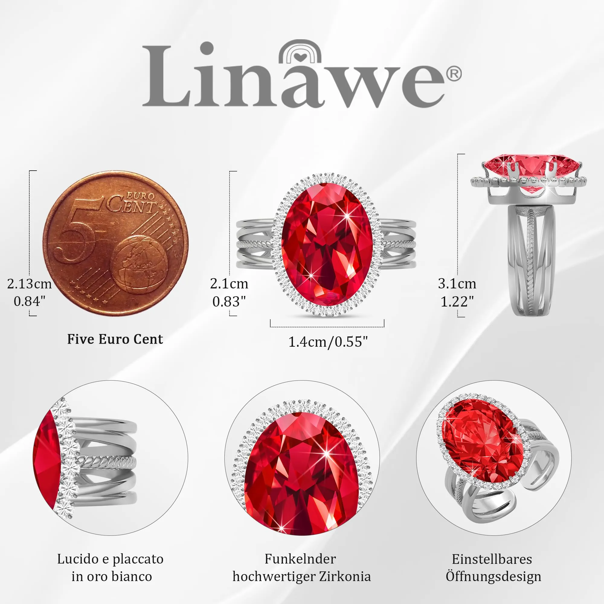 Linawe Anello Regolabile con Moissanite e Zirconi in Oro Bianco/Argento - immagine 4