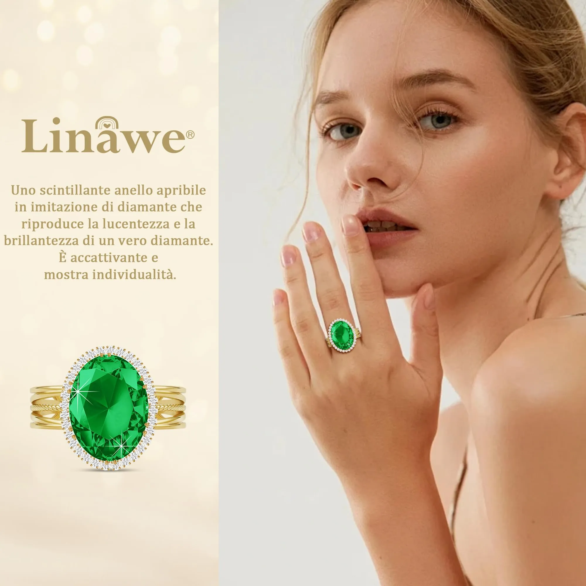 Linawe Anello Regolabile con Smeraldo e Moissanite Placcato in Oro - immagine 2