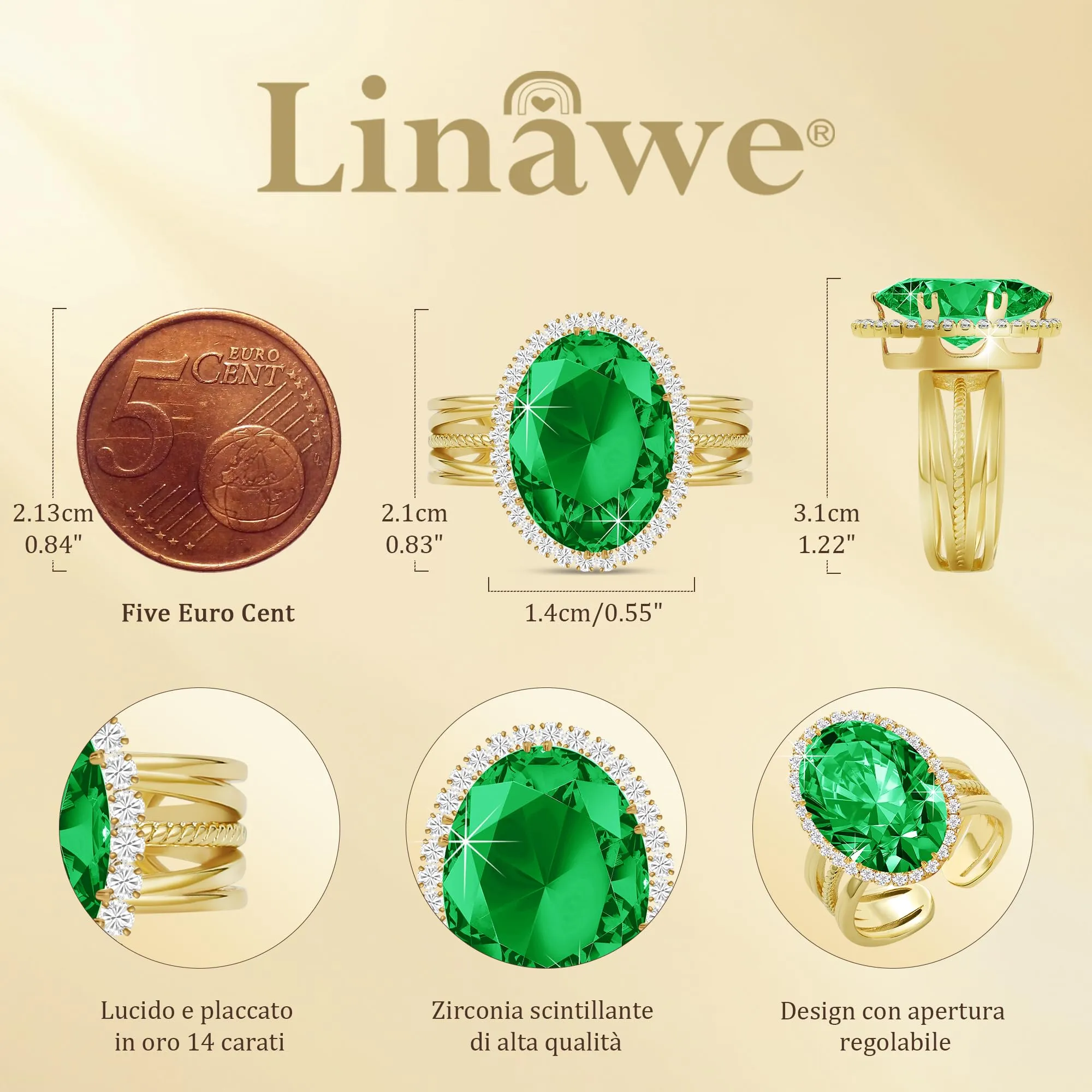 Linawe Anello Regolabile con Smeraldo e Moissanite Placcato in Oro - immagine 4