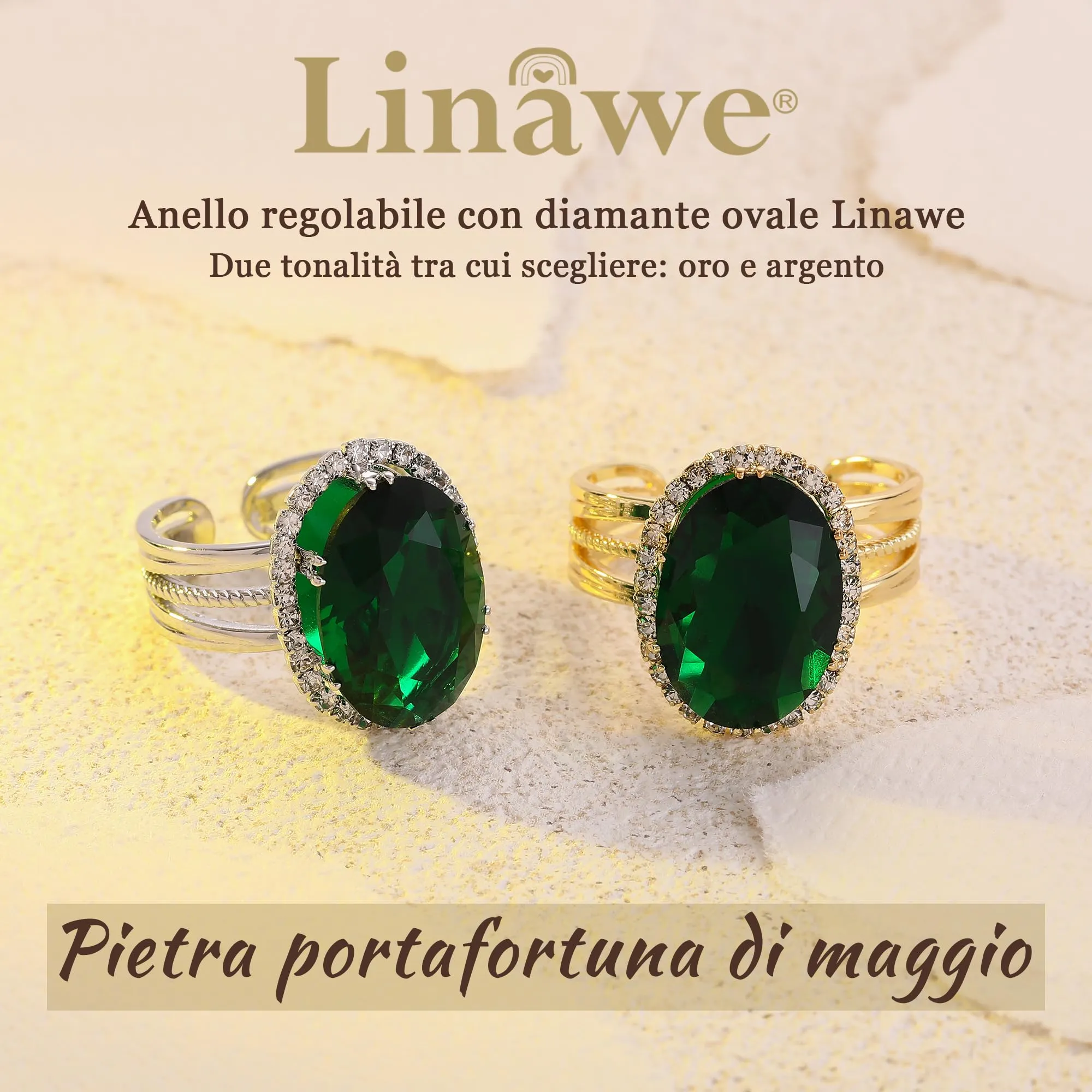 Linawe Anello Regolabile con Smeraldo e Moissanite Placcato in Oro - immagine 5