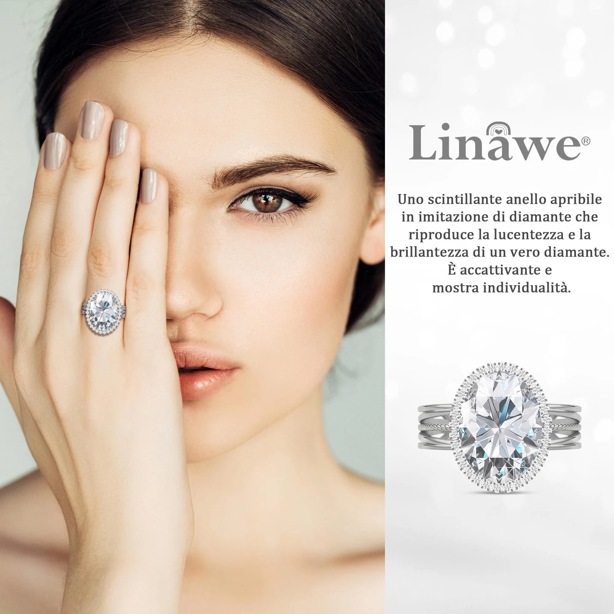 Linawe Anello Regolabile in Moissanite e Zirconi per Donna, Placcato Oro Bianco - immagine 2
