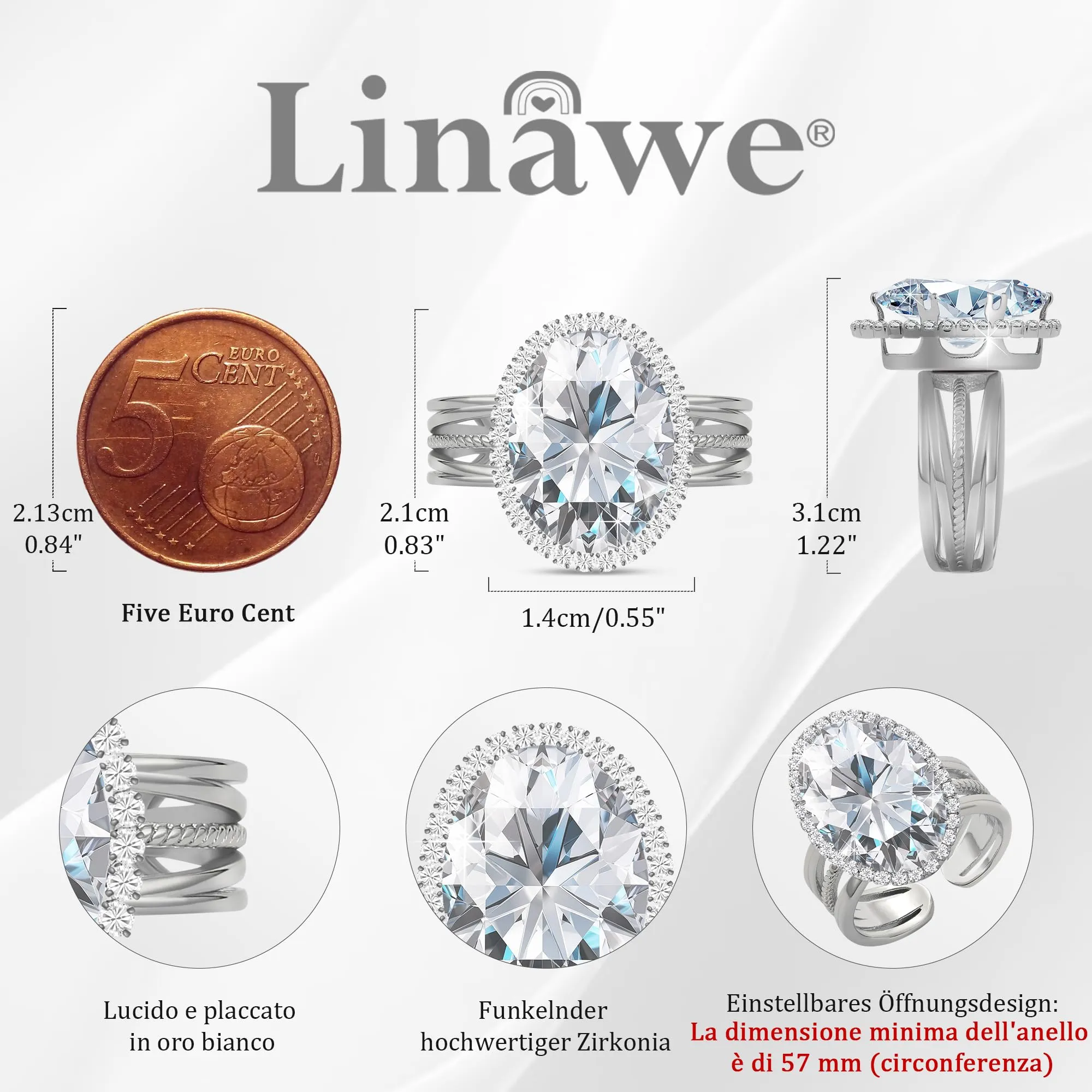Linawe Anello Regolabile in Moissanite e Zirconi per Donna, Placcato Oro Bianco - immagine 4