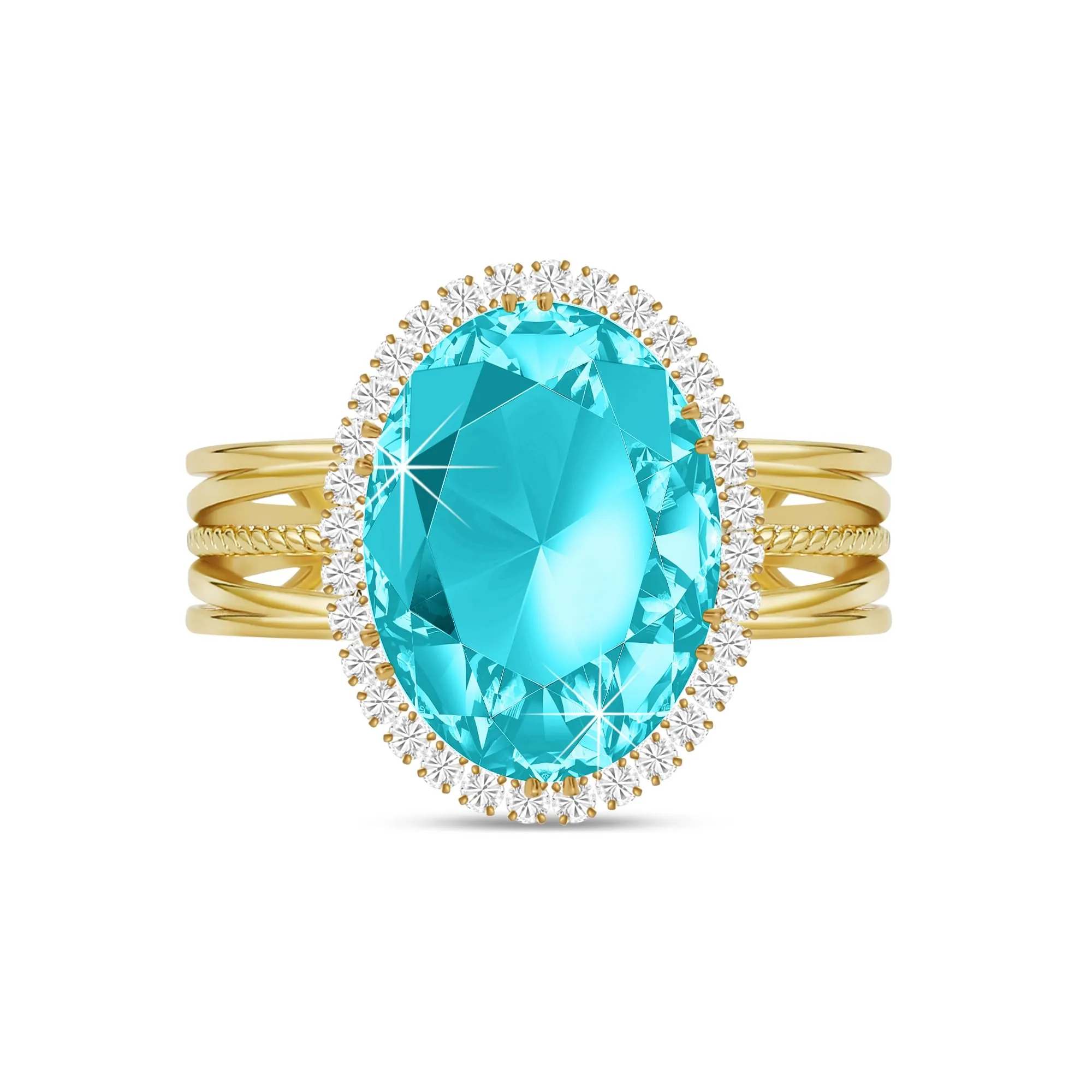 Linawe Anello Regolabile Blu Acquamarina Placcato Oro con Pietra Ovale e Zirconi - immagine 1