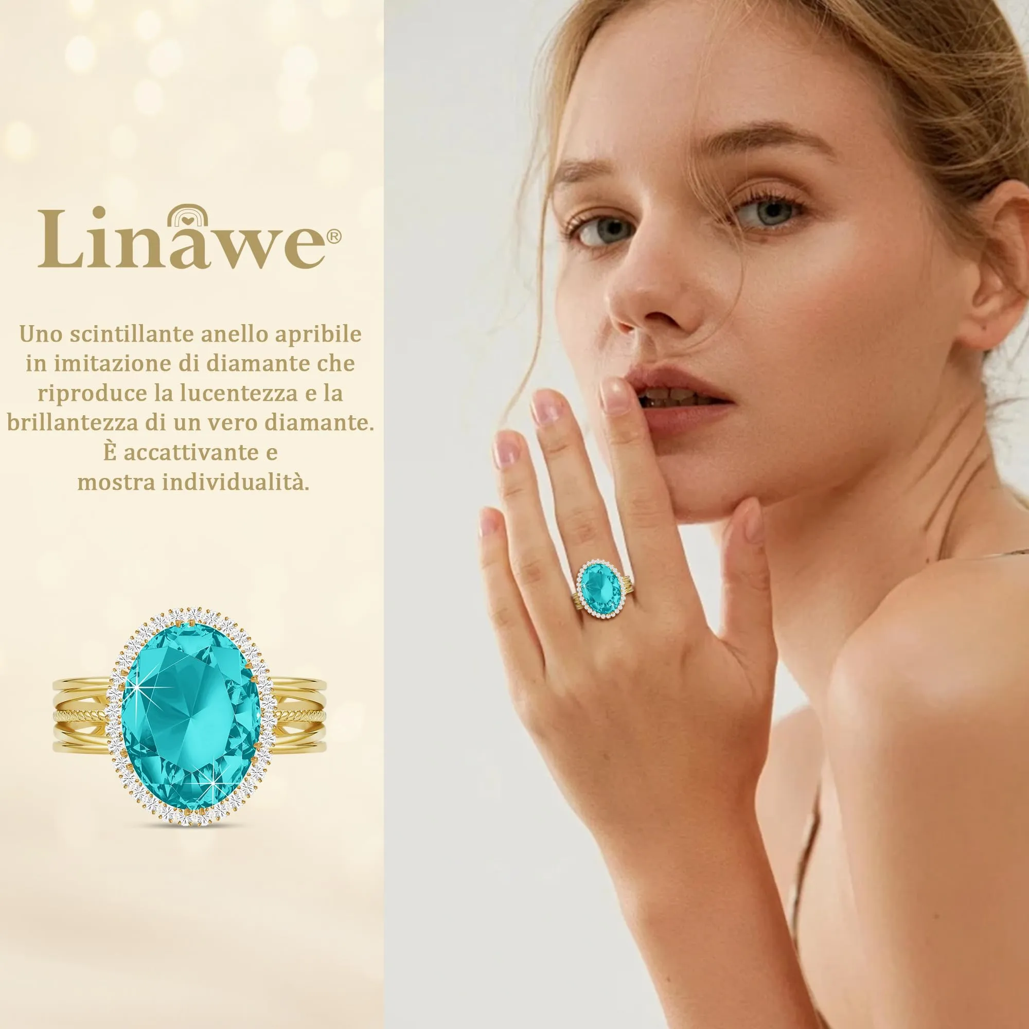 Linawe Anello Regolabile Blu Acquamarina Placcato Oro con Pietra Ovale e Zirconi - immagine 2