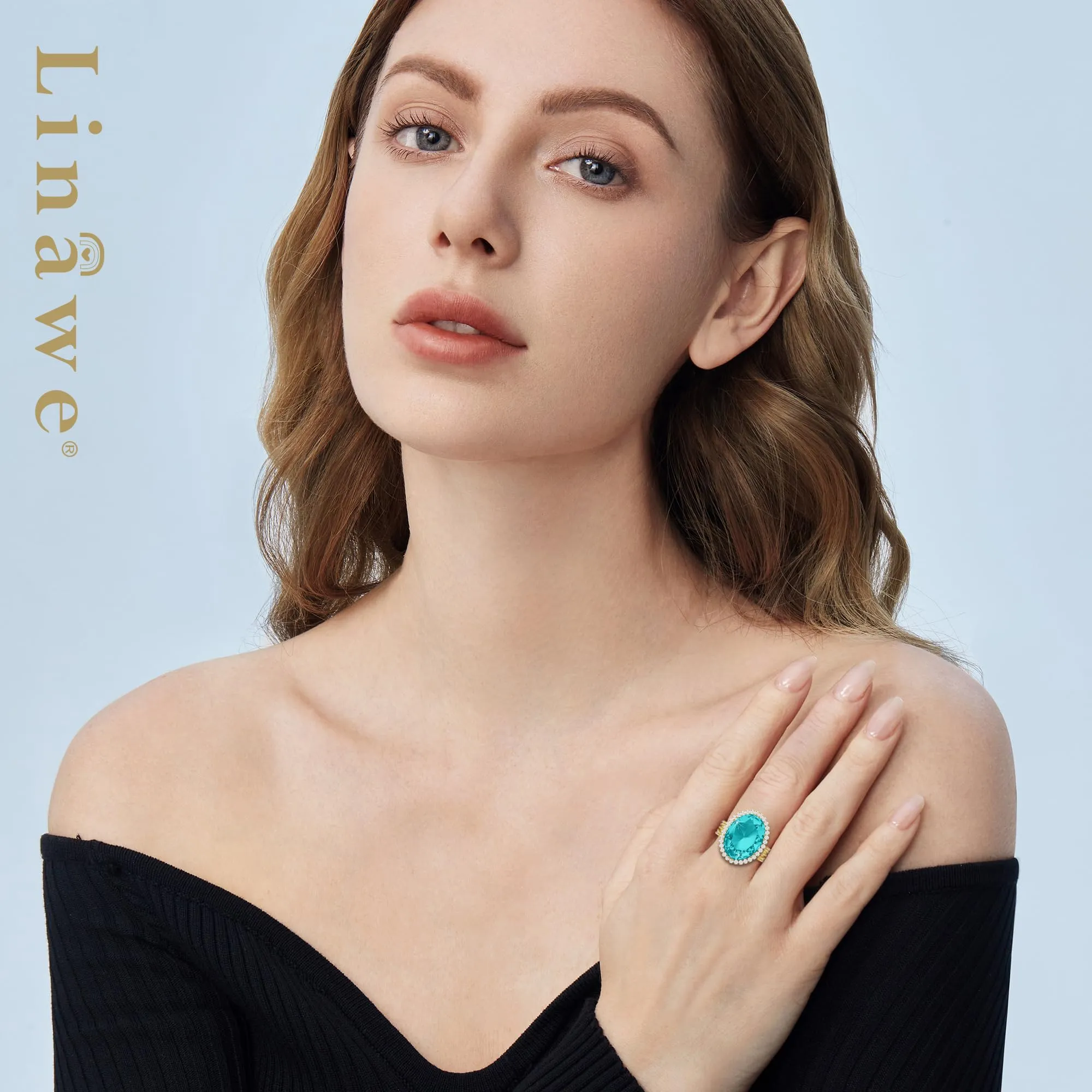Linawe Anello Regolabile Blu Acquamarina Placcato Oro con Pietra Ovale e Zirconi - immagine 3