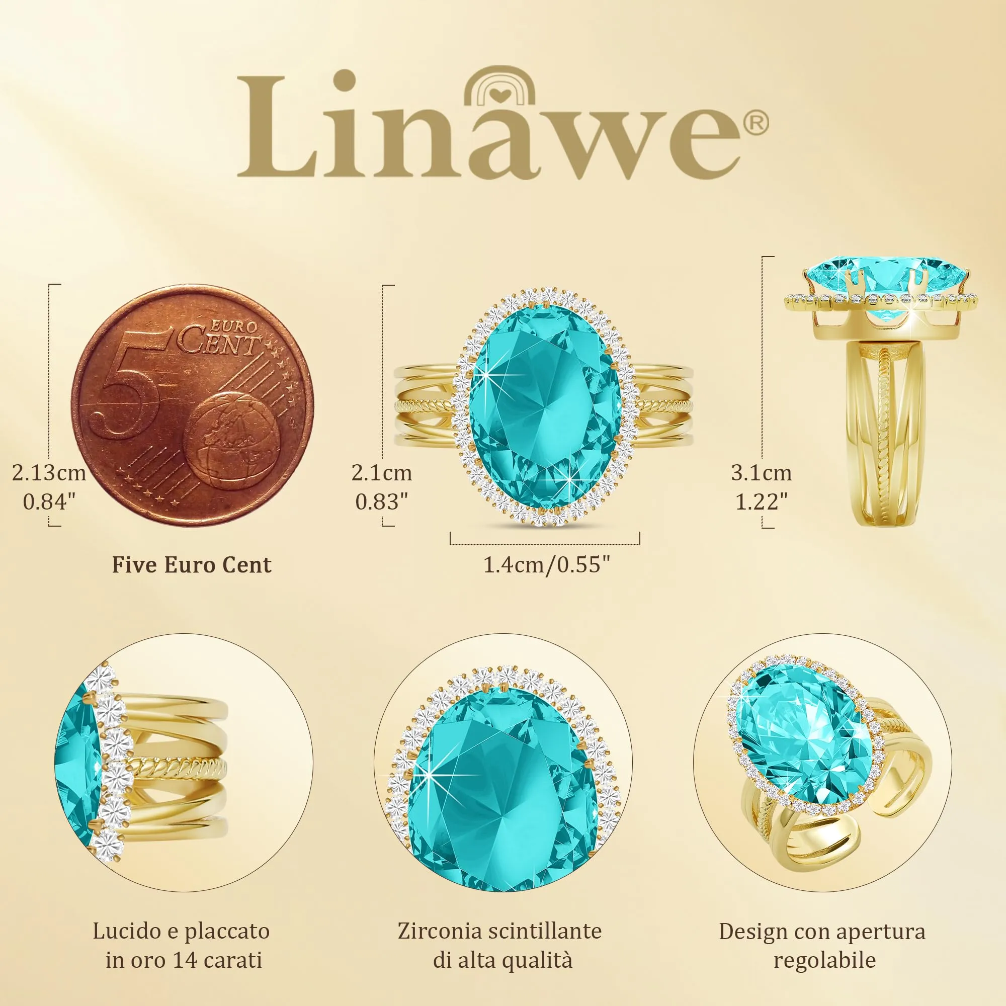 Linawe Anello Regolabile Blu Acquamarina Placcato Oro con Pietra Ovale e Zirconi - immagine 4