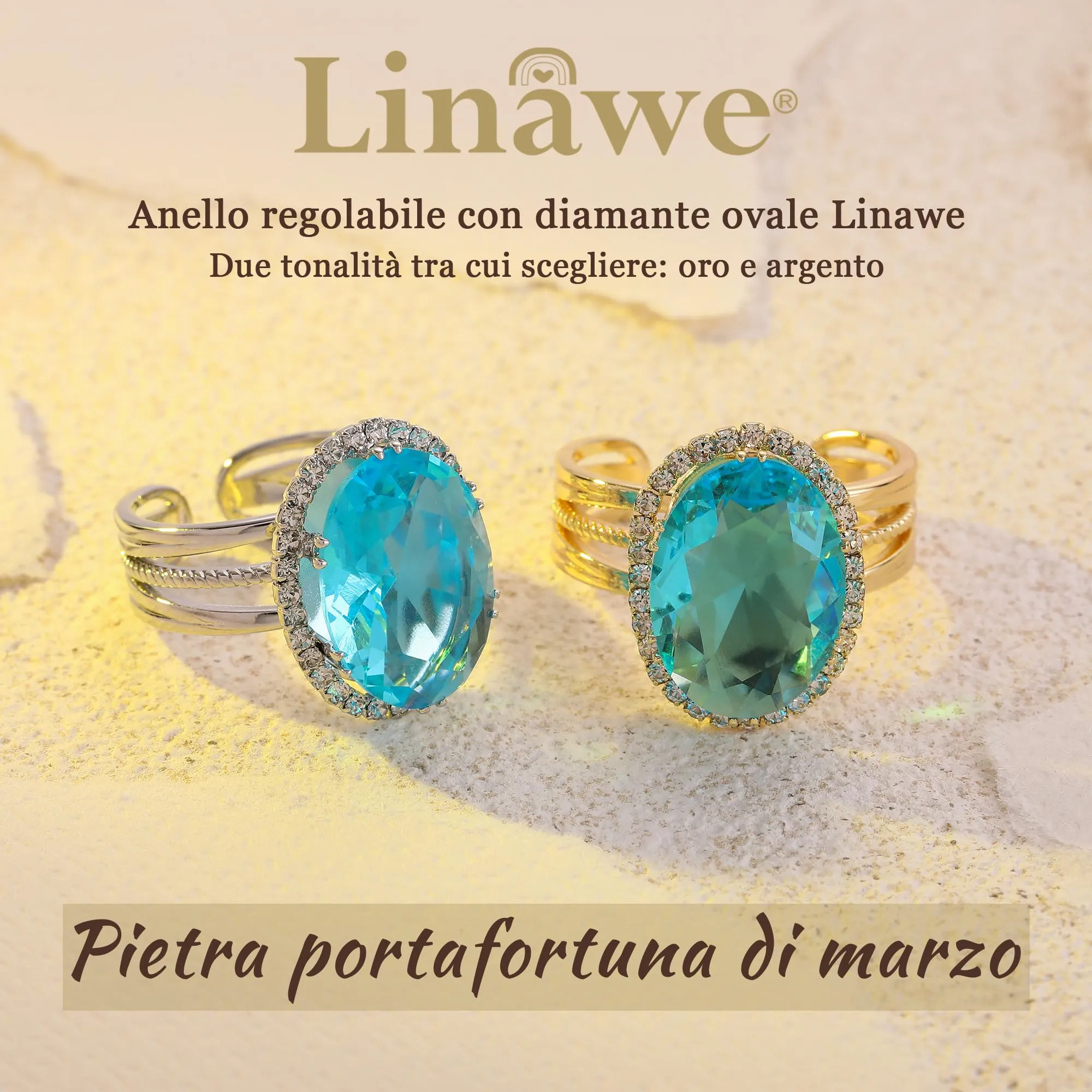 Linawe Anello Regolabile Blu Acquamarina Placcato Oro con Pietra Ovale e Zirconi - immagine 5
