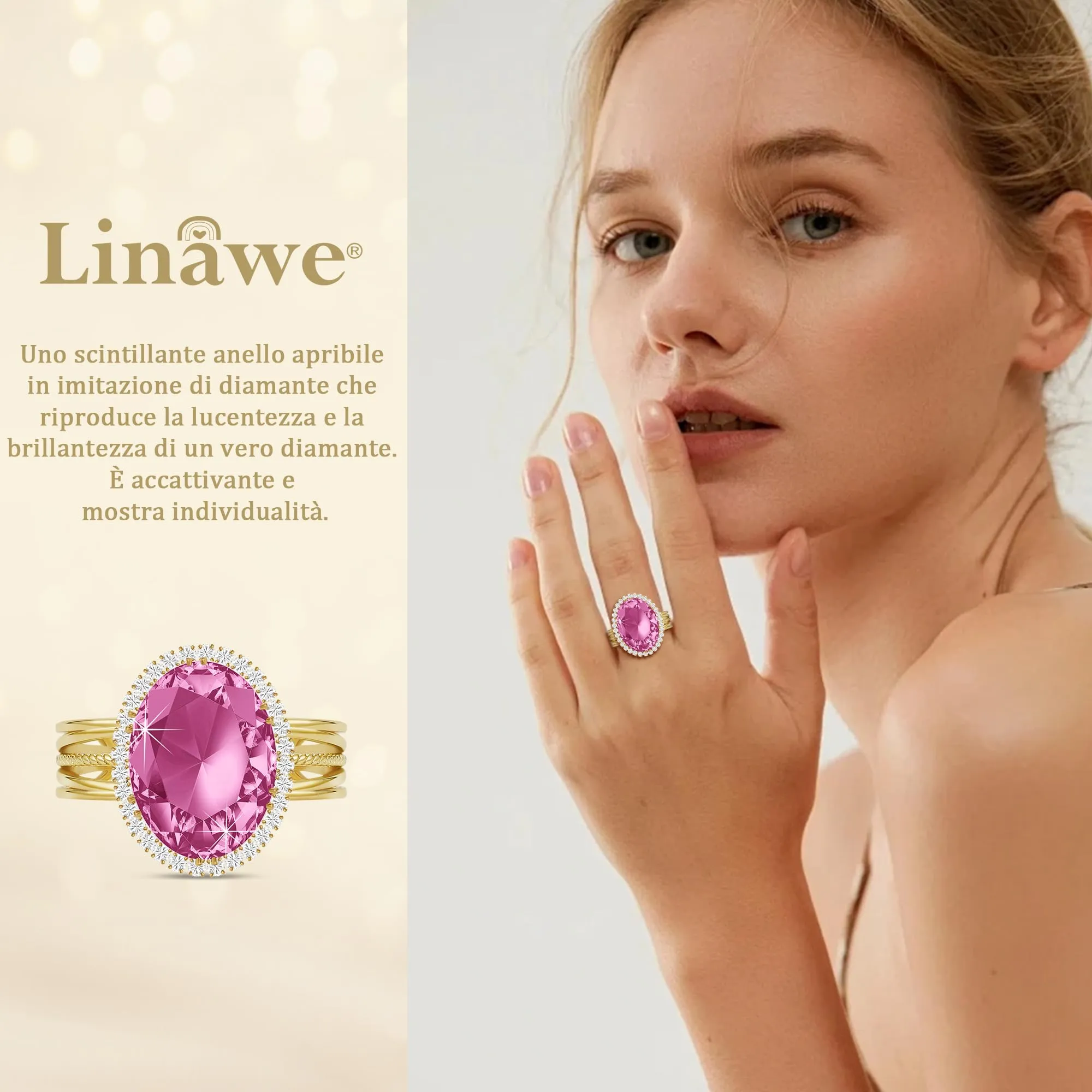 Linawe Anello regolabile placcato in oro con finto diamante rosa e zirconi - immagine 2