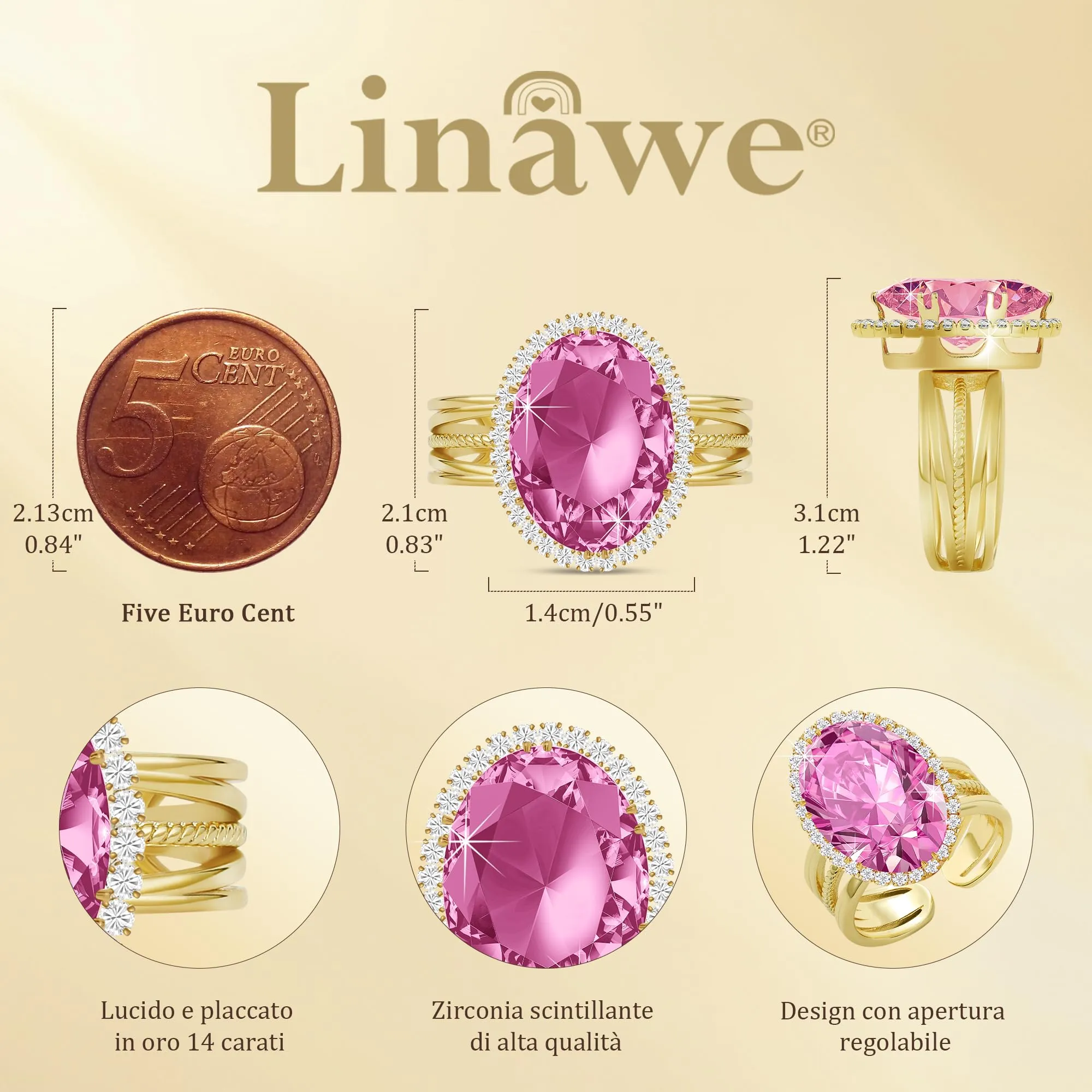 Linawe Anello regolabile placcato in oro con finto diamante rosa e zirconi - immagine 4