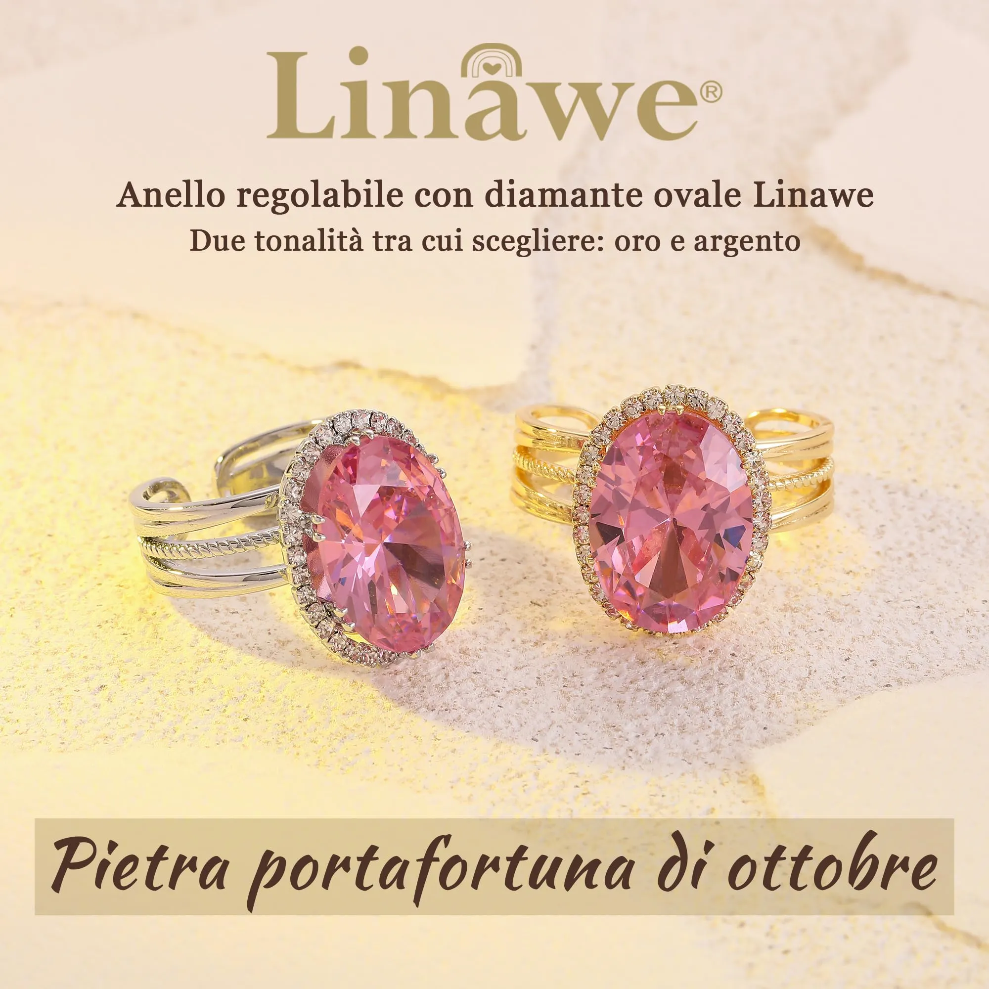 Linawe Anello regolabile placcato in oro con finto diamante rosa e zirconi - immagine 5