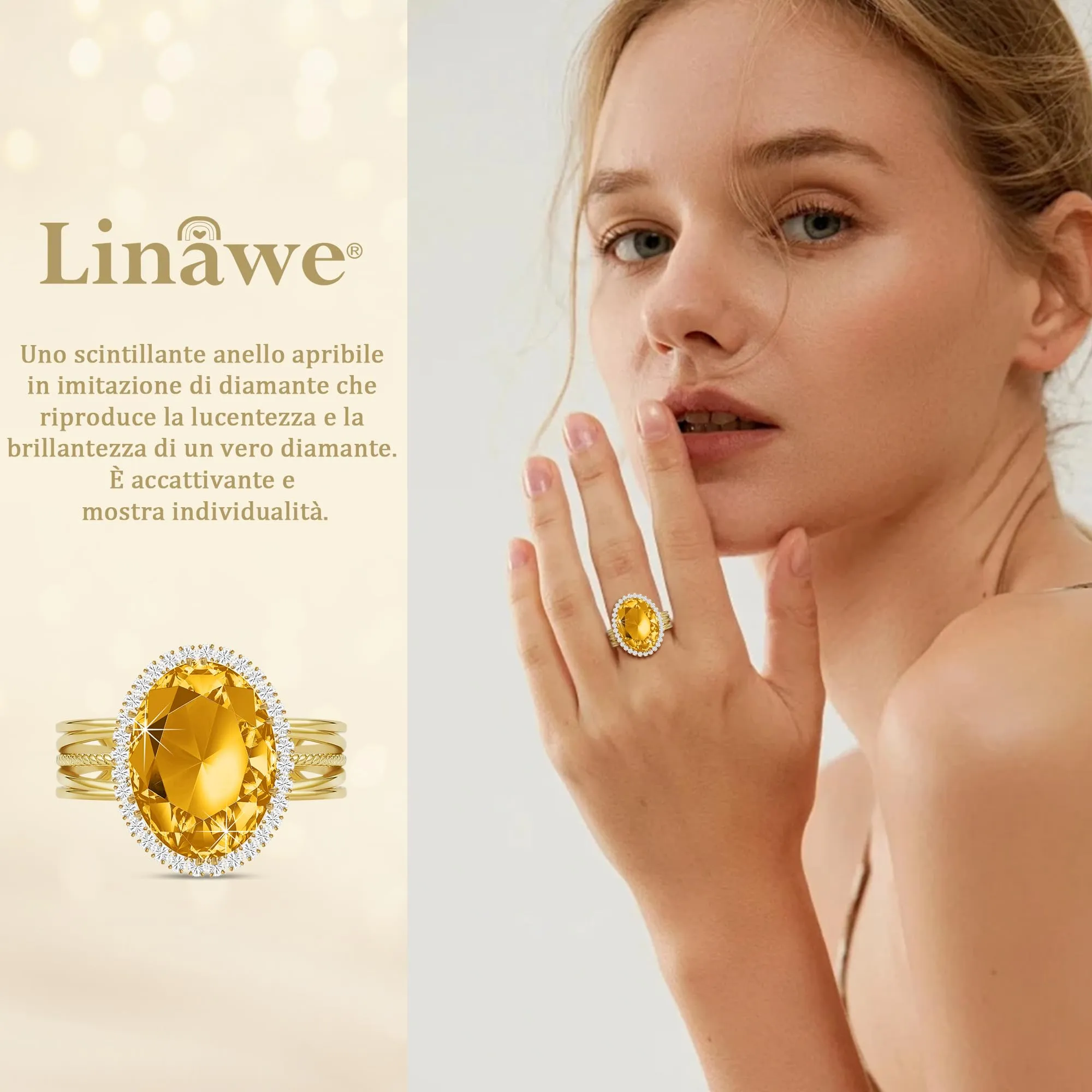 Linawe Anello da Donna Regolabile in Oro Placcato con Pietra Giallo Citrino e Zirconi - immagine 2