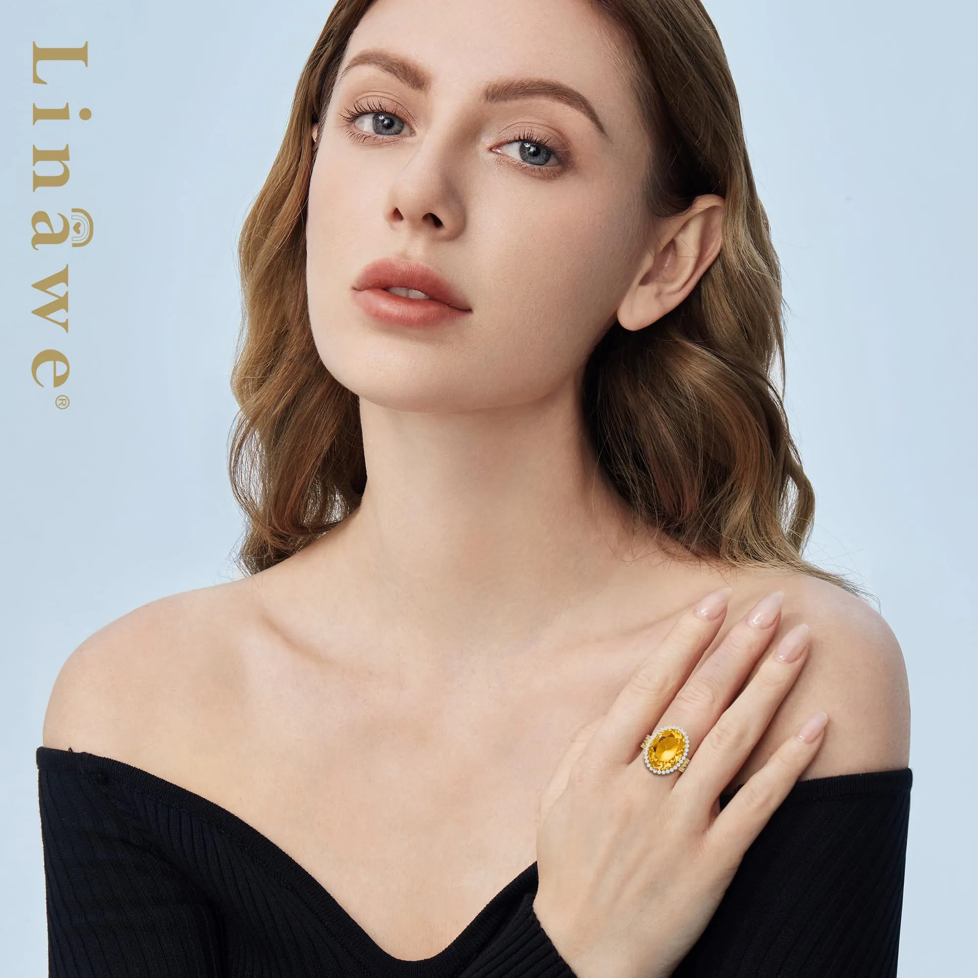 Linawe Anello da Donna Regolabile in Oro Placcato con Pietra Giallo Citrino e Zirconi - immagine 3