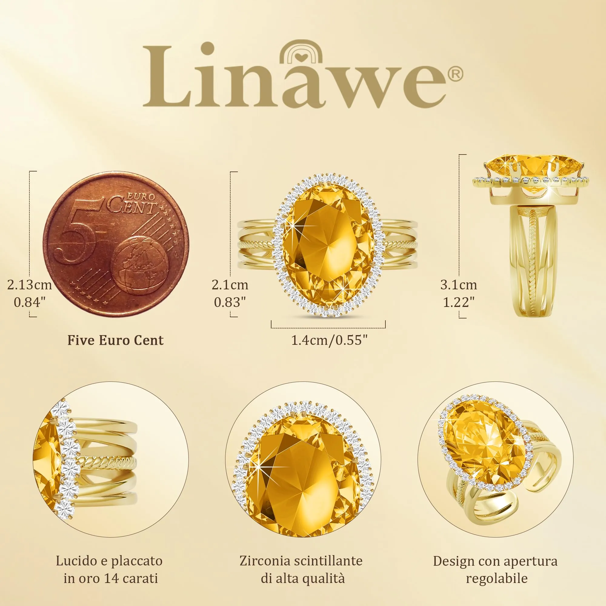 Linawe Anello da Donna Regolabile in Oro Placcato con Pietra Giallo Citrino e Zirconi - immagine 4