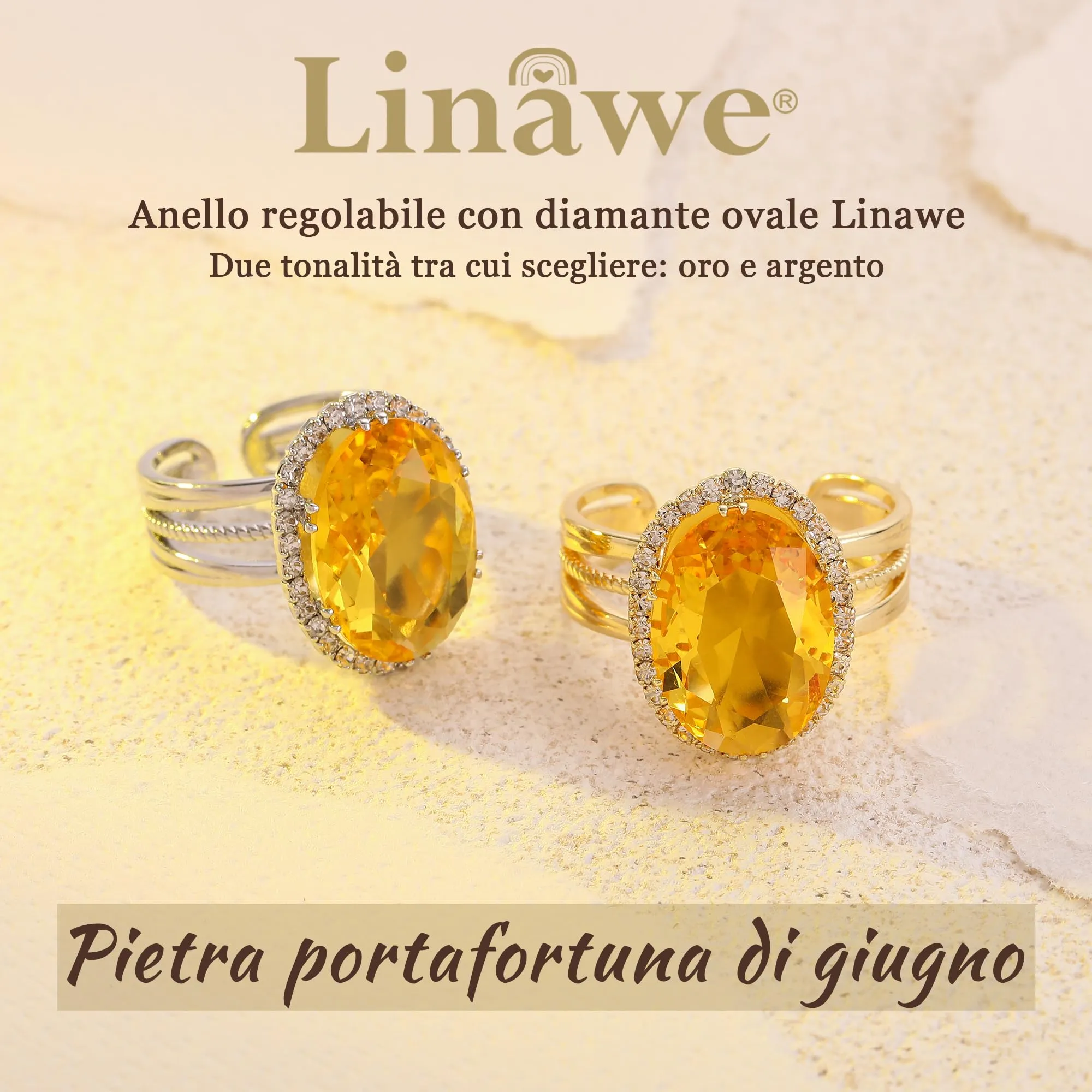 Linawe Anello da Donna Regolabile in Oro Placcato con Pietra Giallo Citrino e Zirconi - immagine 5