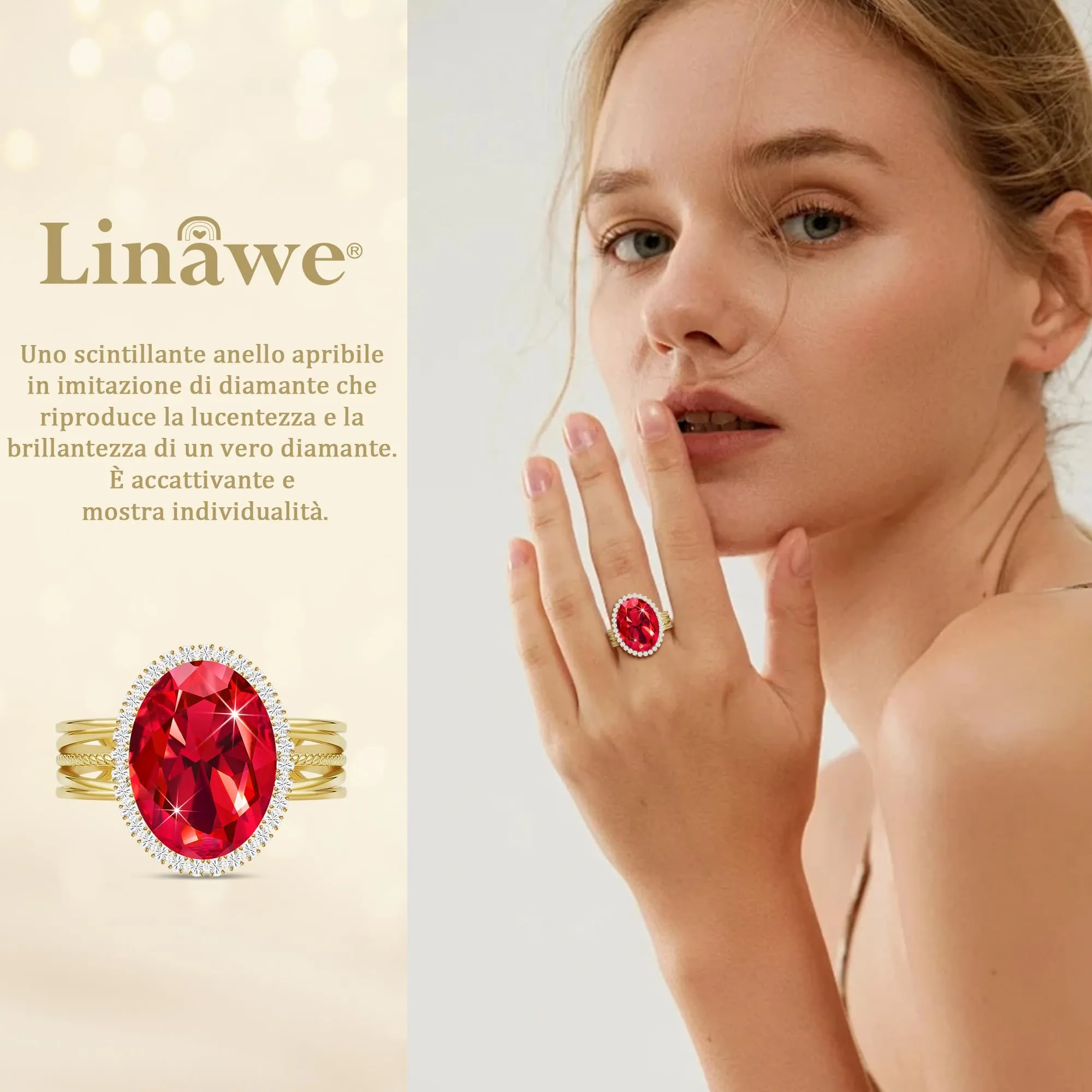 Linawe Anello da Donna Regolabile in Moissanite con Zirconi Placcato Oro 14k - immagine 2