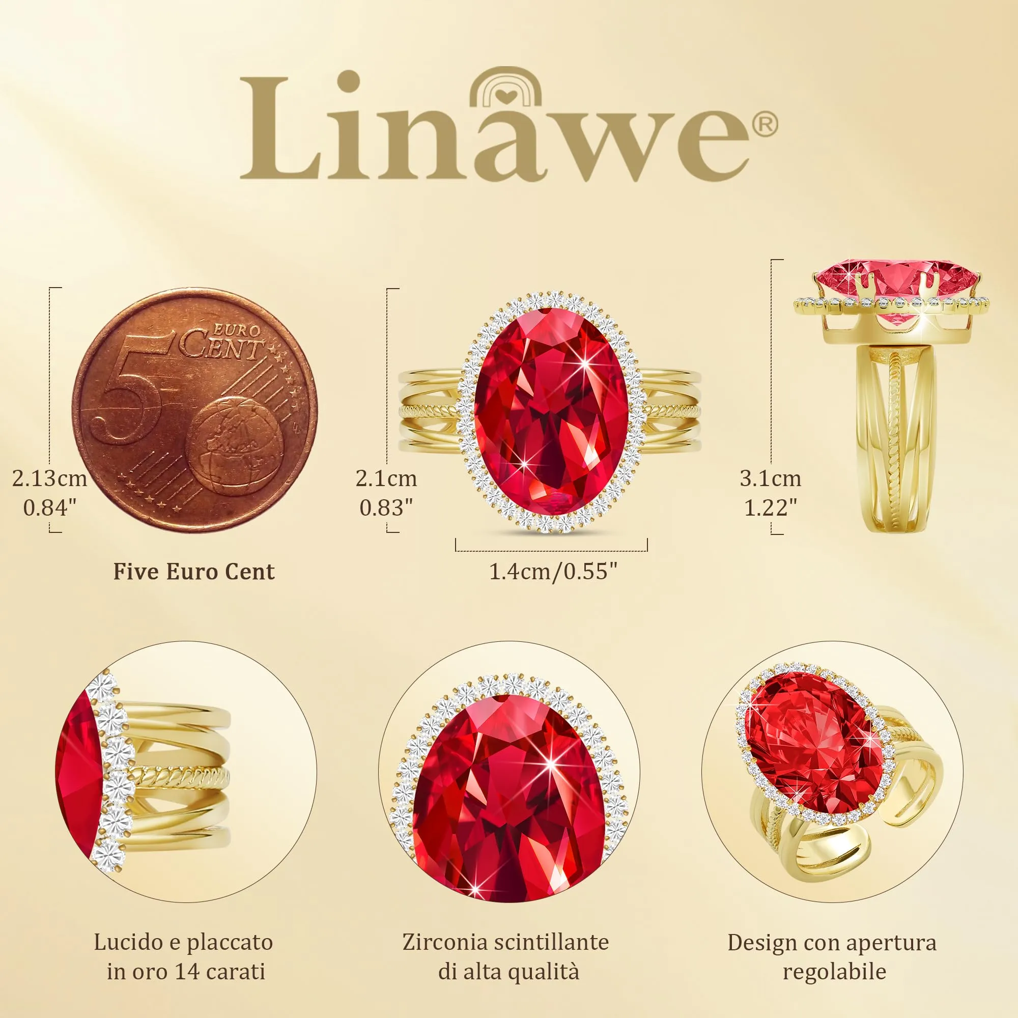 Linawe Anello da Donna Regolabile in Moissanite con Zirconi Placcato Oro 14k - immagine 4