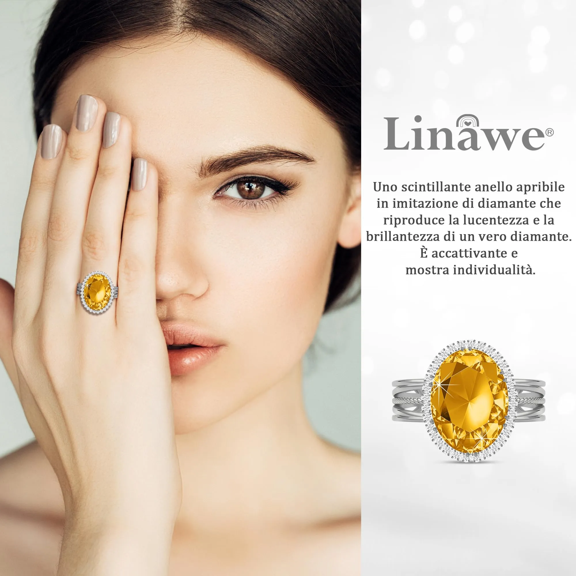 Linawe Anello Regolabile in Argento con Citrino Giallo e Zirconi - immagine 2