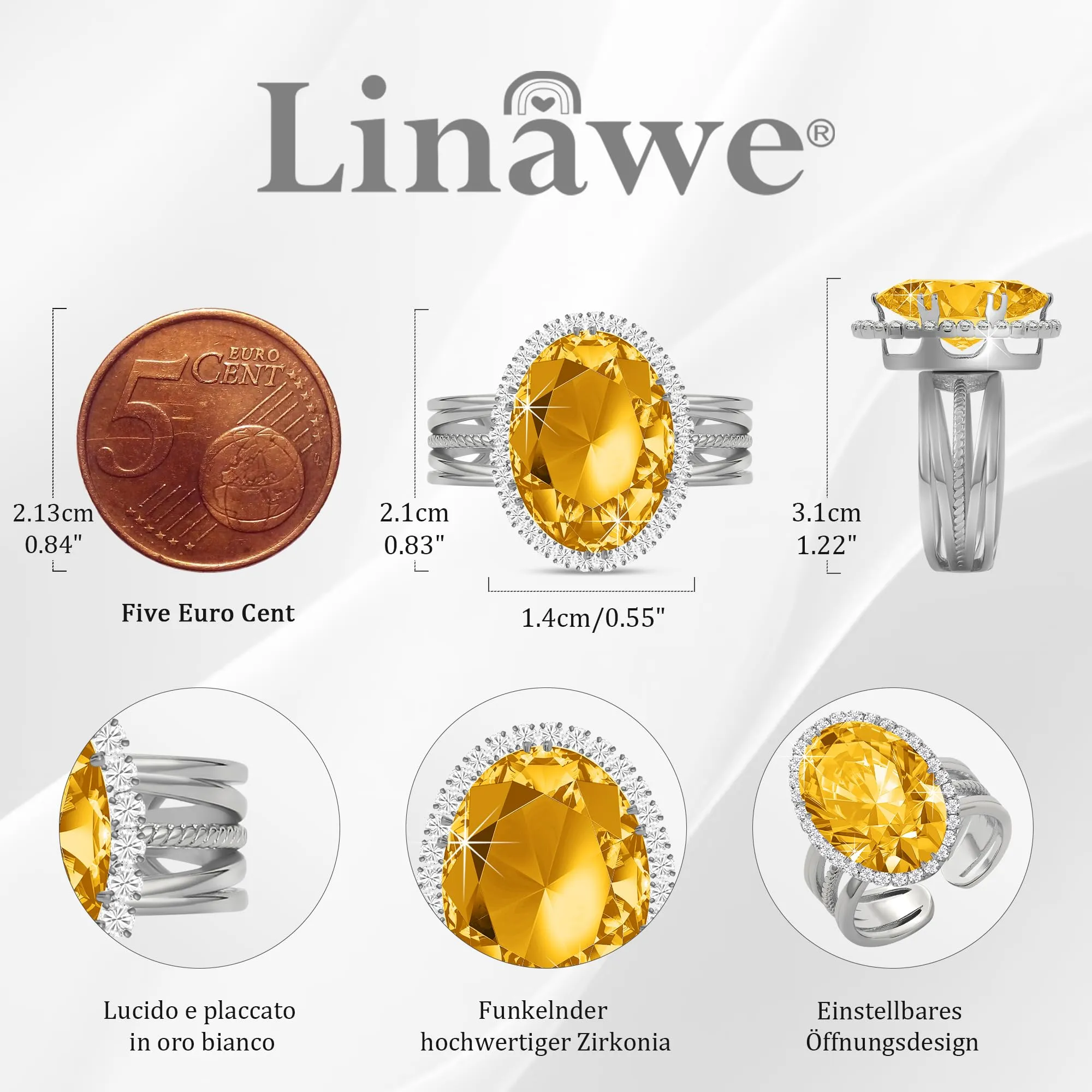 Linawe Anello Regolabile in Argento con Citrino Giallo e Zirconi - immagine 4