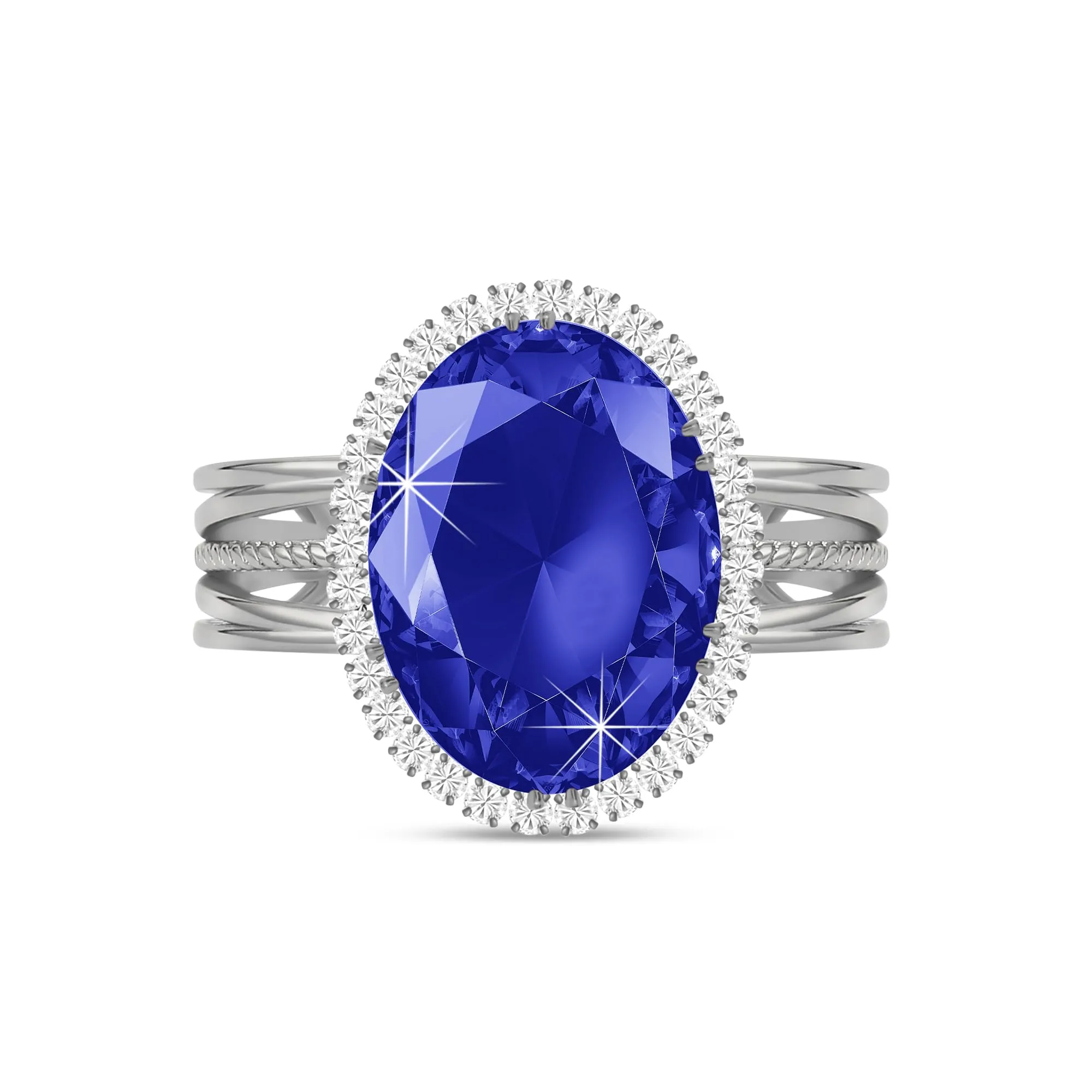 Linawe Anello Regolabile in Argento con Pietra Blu Zaffiro e Moissanite, Oro Bianco - immagine 1