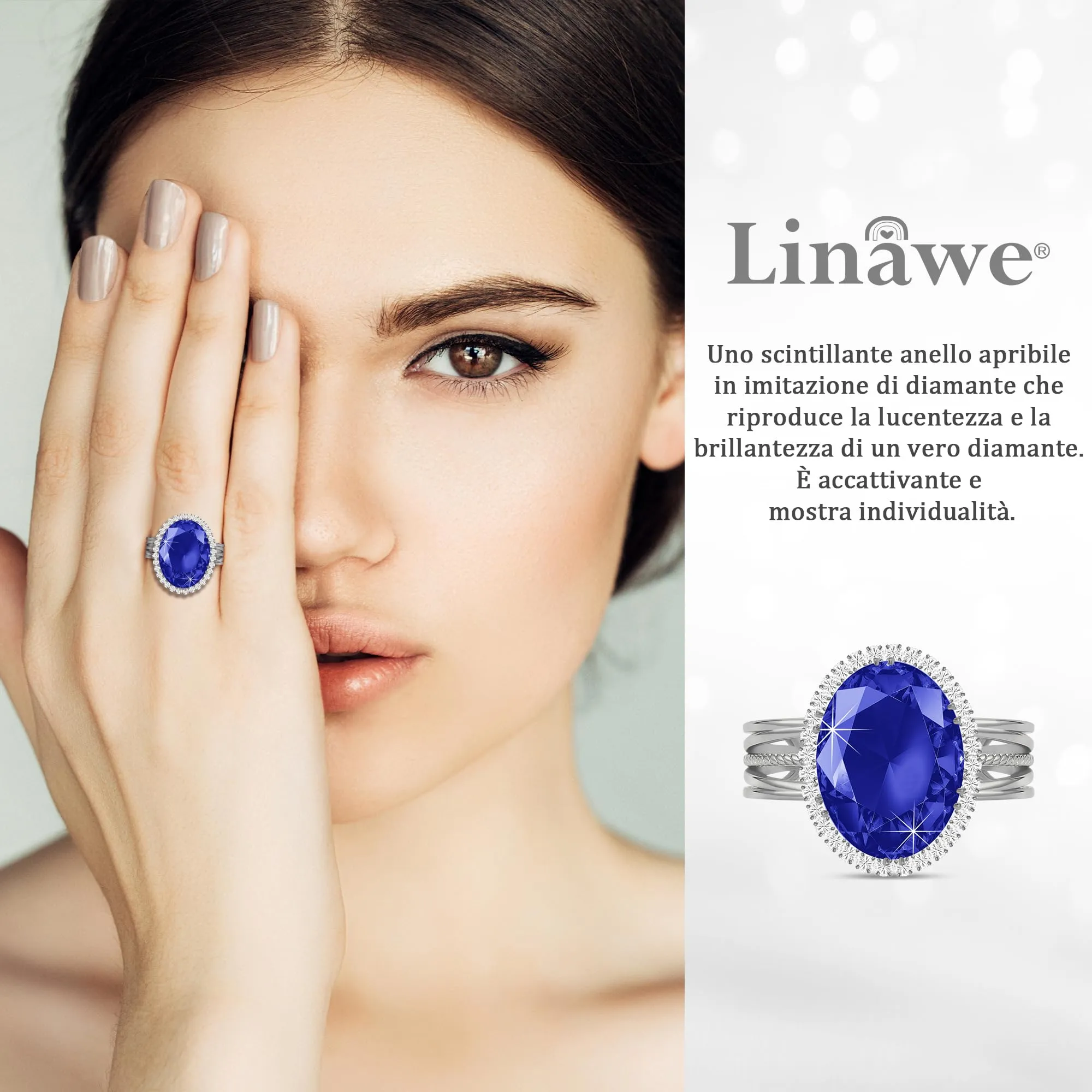 Linawe Anello Regolabile in Argento con Pietra Blu Zaffiro e Moissanite, Oro Bianco - immagine 2
