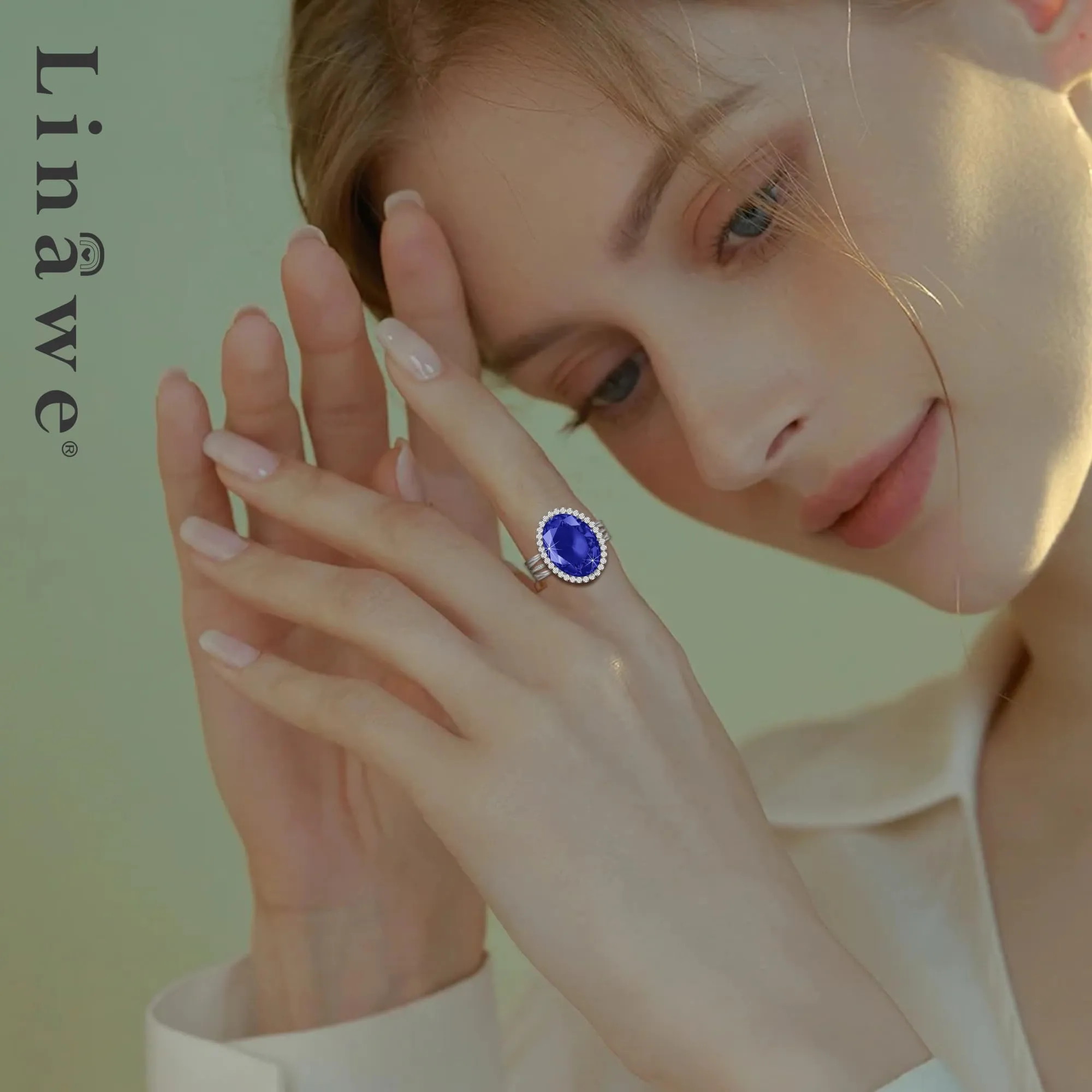 Linawe Anello Regolabile in Argento con Pietra Blu Zaffiro e Moissanite, Oro Bianco - immagine 3