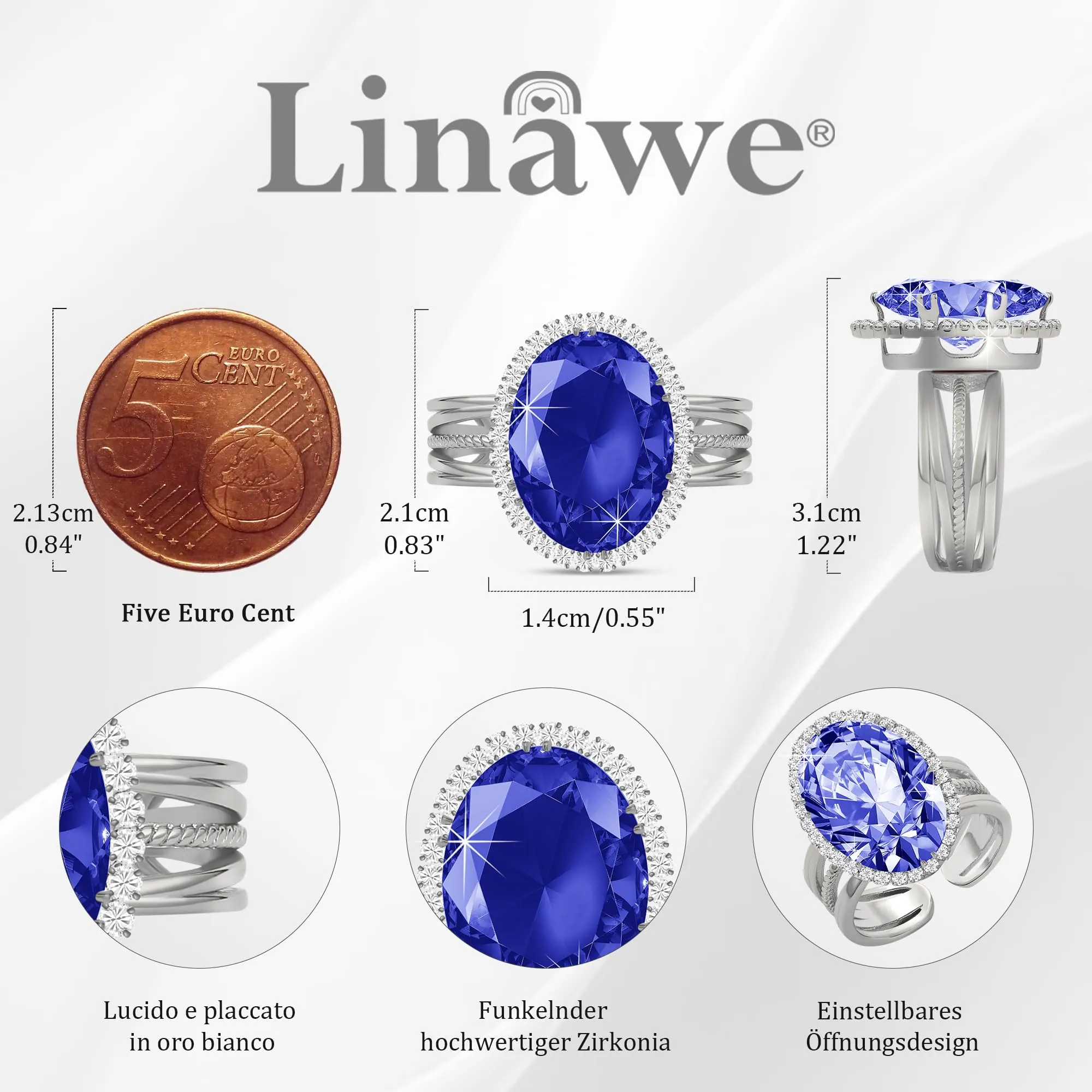 Linawe Anello Regolabile in Argento con Pietra Blu Zaffiro e Moissanite, Oro Bianco - immagine 4