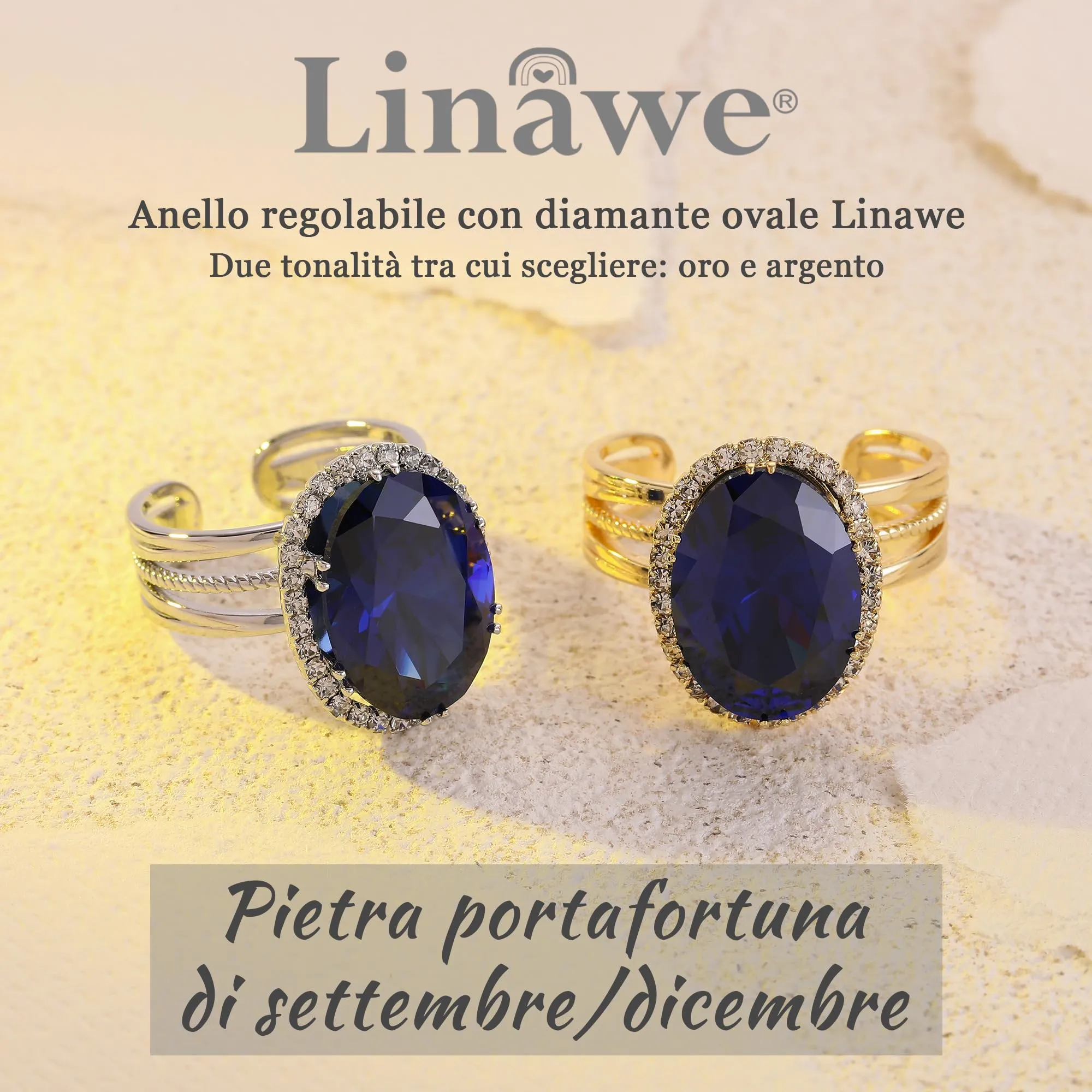 Linawe Anello Regolabile in Argento con Pietra Blu Zaffiro e Moissanite, Oro Bianco - immagine 5
