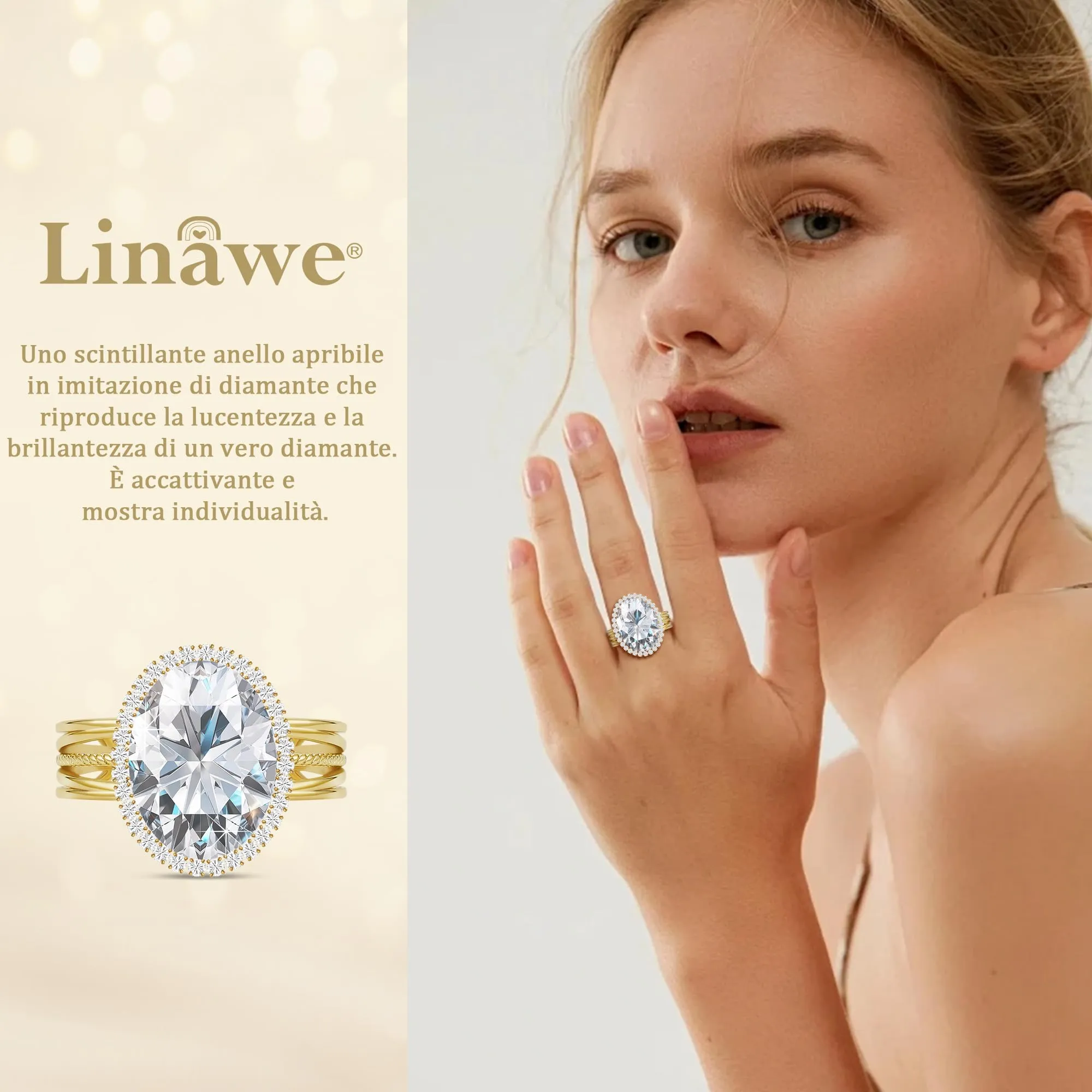 Linawe Anello Regolabile in Moissanite e Zirconi Placcato Oro 14K - immagine 2