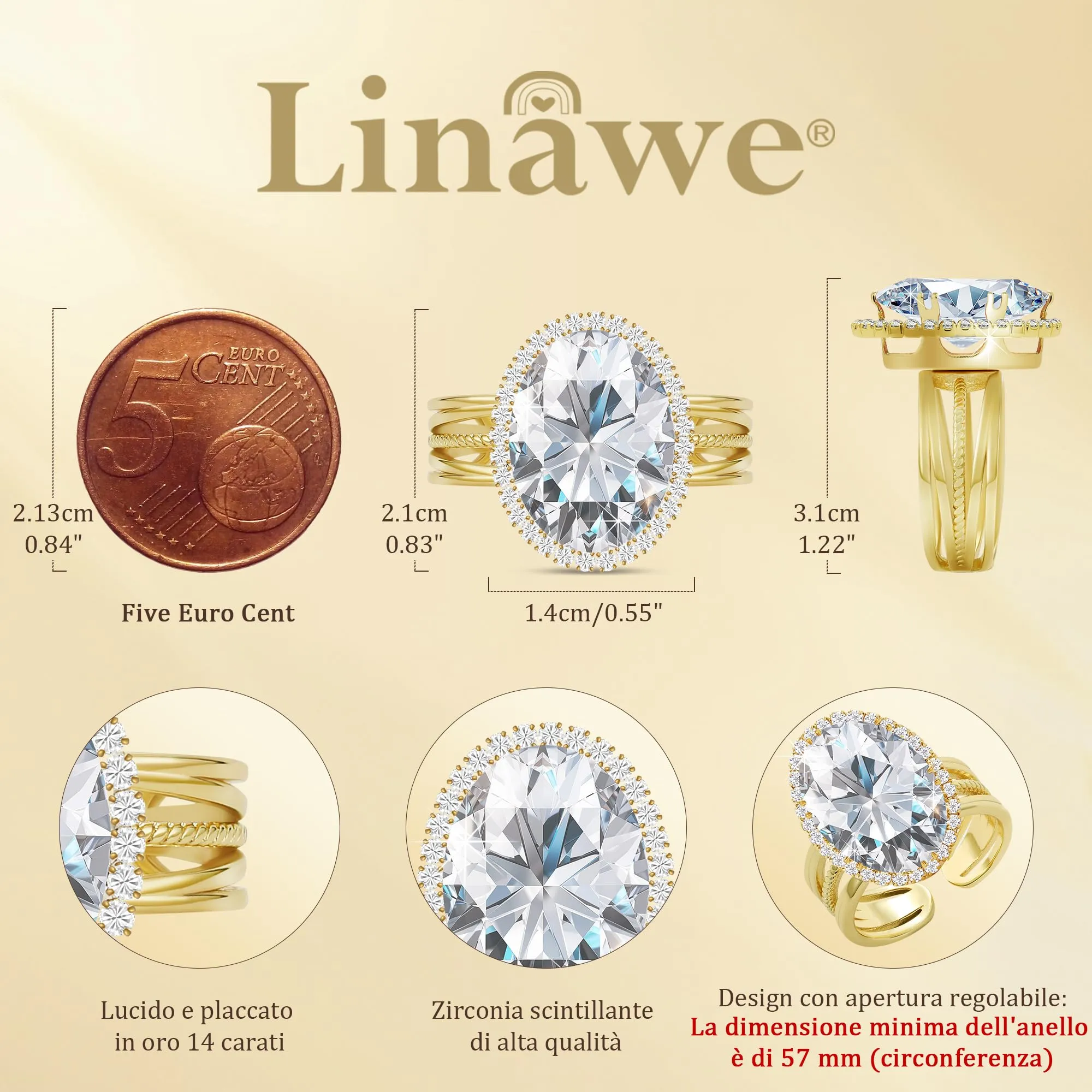 Linawe Anello Regolabile in Moissanite e Zirconi Placcato Oro 14K - immagine 4