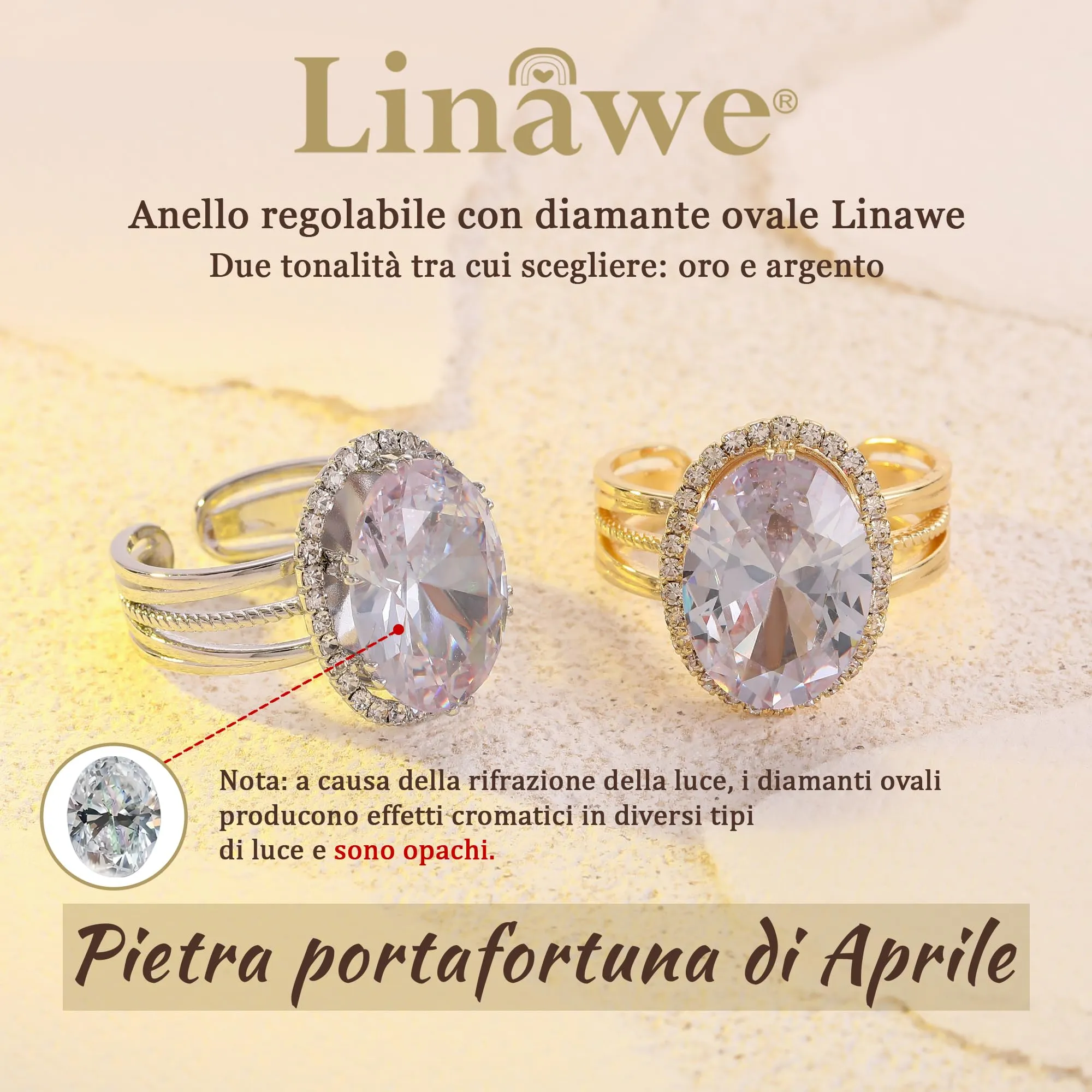 Linawe Anello Regolabile in Moissanite e Zirconi Placcato Oro 14K - immagine 5