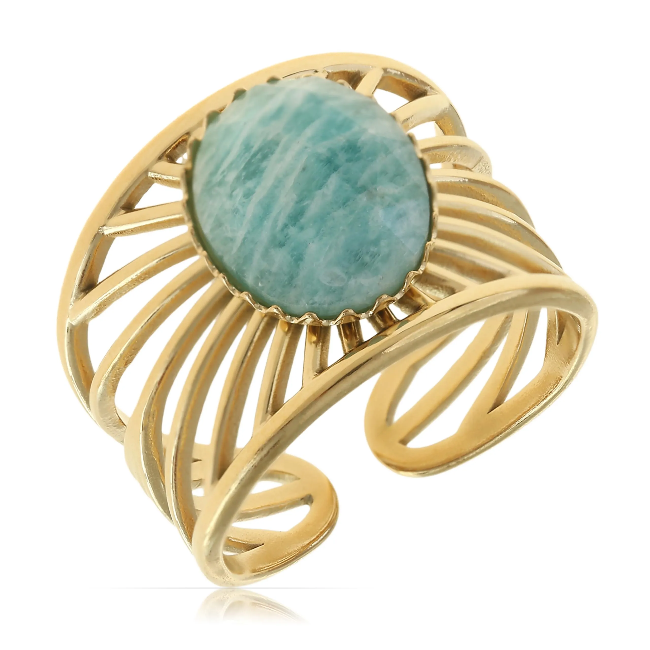 Made by Nami Anello Boho Donna Oro Turchese Acciaio Inossidabile 316L Regolabile Vintage con Pietra Naturale - immagine 1