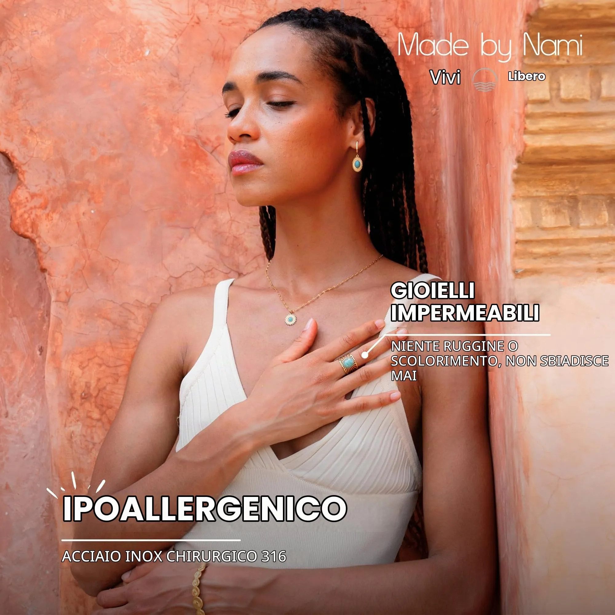 Made by Nami Anello Boho Donna Oro Turchese Acciaio Inossidabile 316L Regolabile Vintage con Pietra Naturale - immagine 3