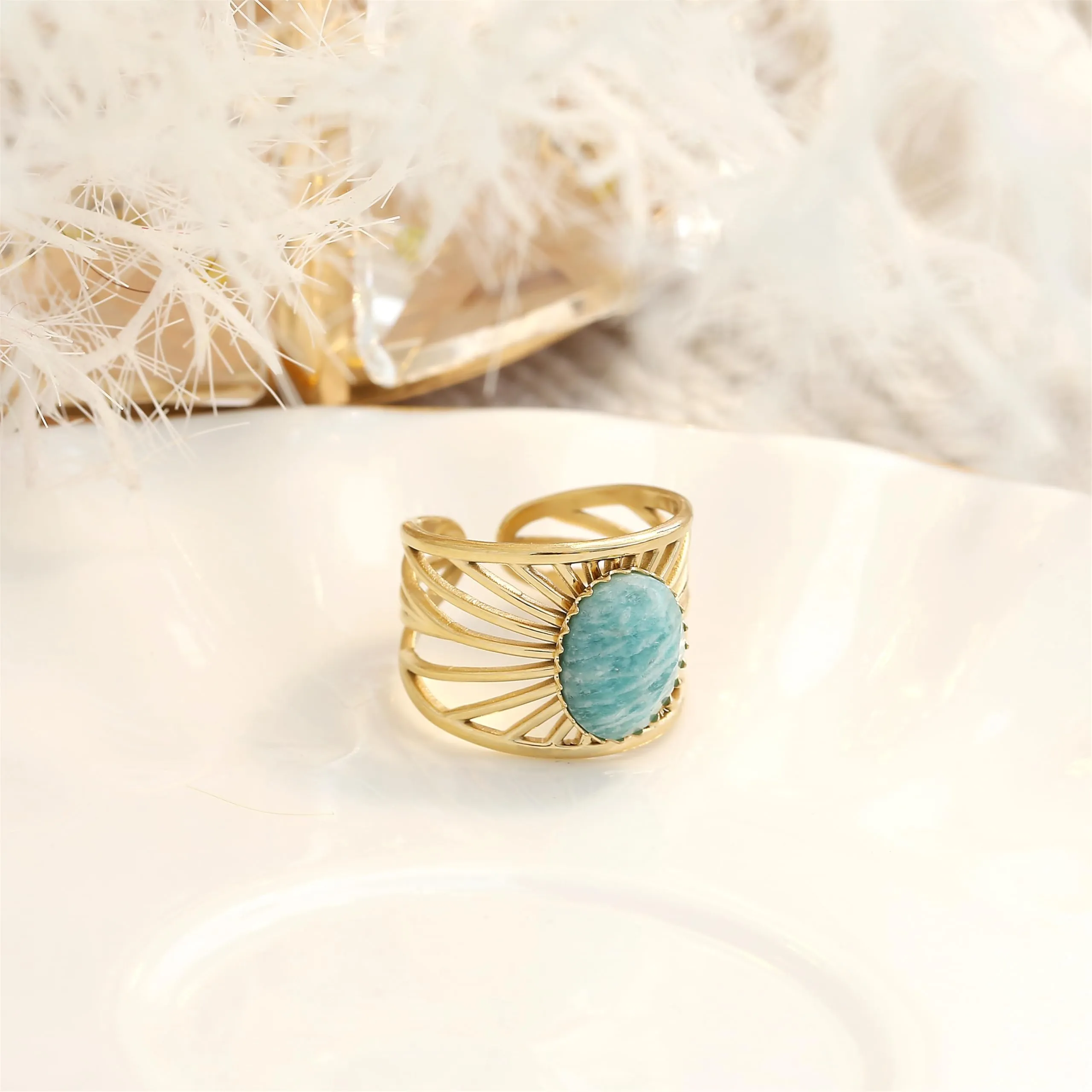 Made by Nami Anello Boho Donna Oro Turchese Acciaio Inossidabile 316L Regolabile Vintage con Pietra Naturale - immagine 7