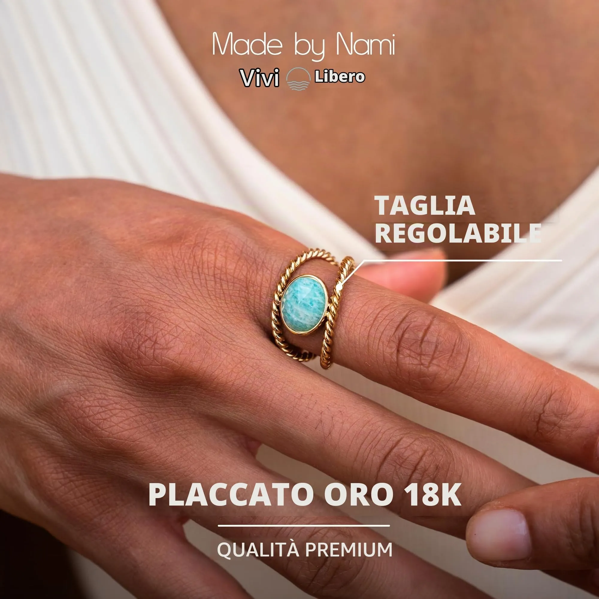 Made by Nami Anello Regolabile Donna in Acciaio Inossidabile Oro e Turchese Boho Statement - immagine 2