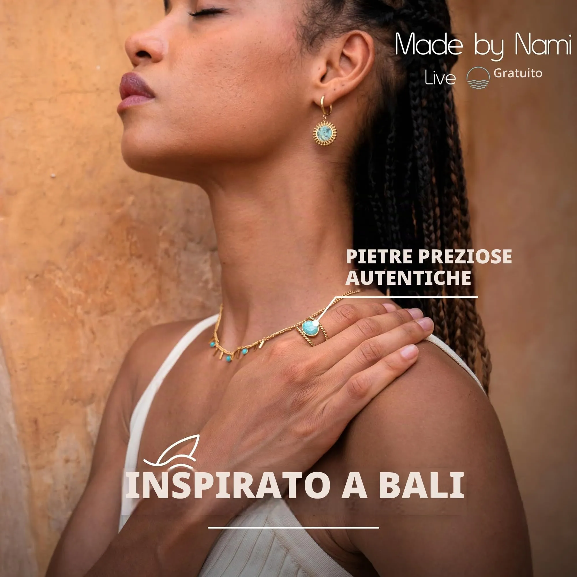 Made by Nami Anello Regolabile Donna in Acciaio Inossidabile Oro e Turchese Boho Statement - immagine 3