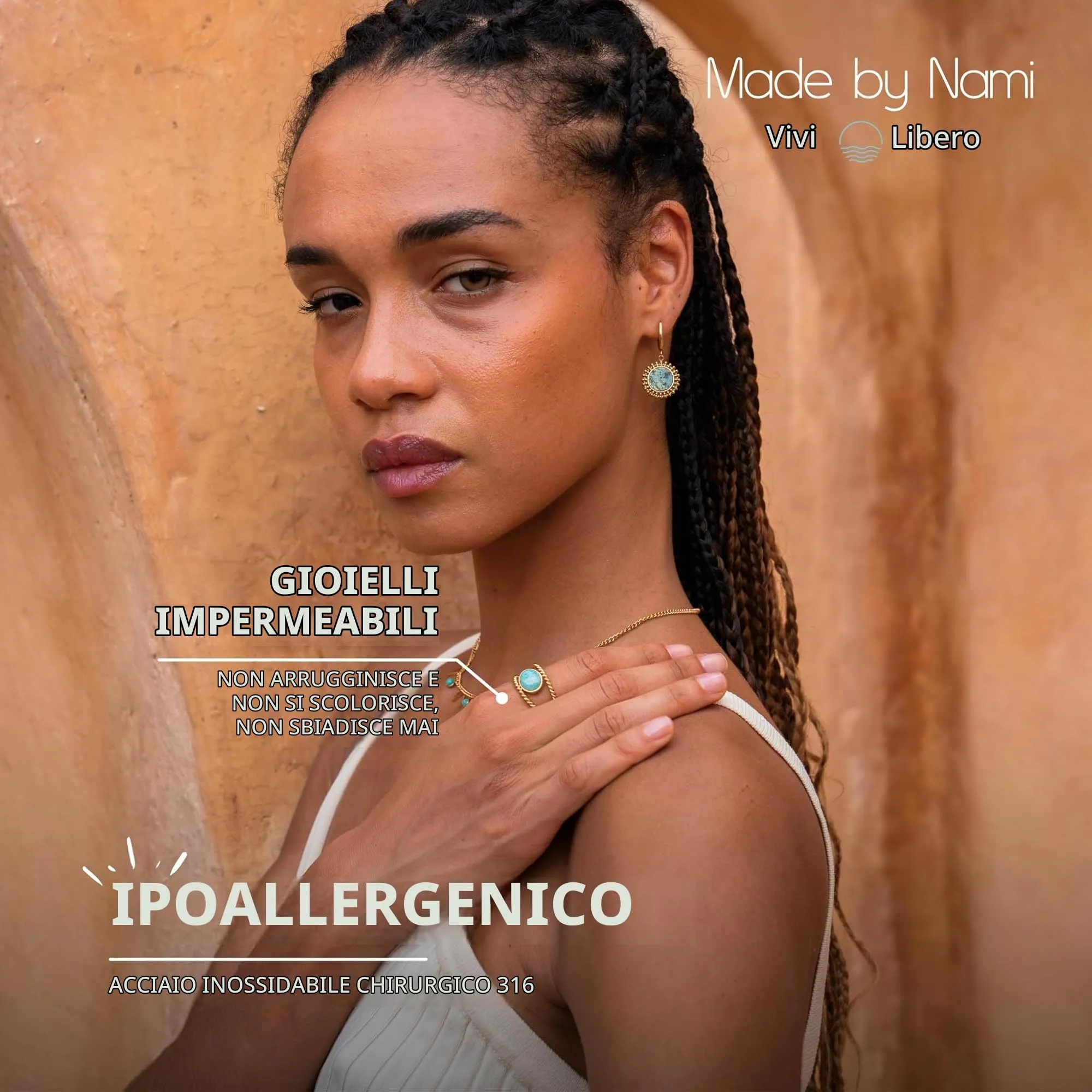 Made by Nami Anello Regolabile Donna in Acciaio Inossidabile Oro e Turchese Boho Statement - immagine 4