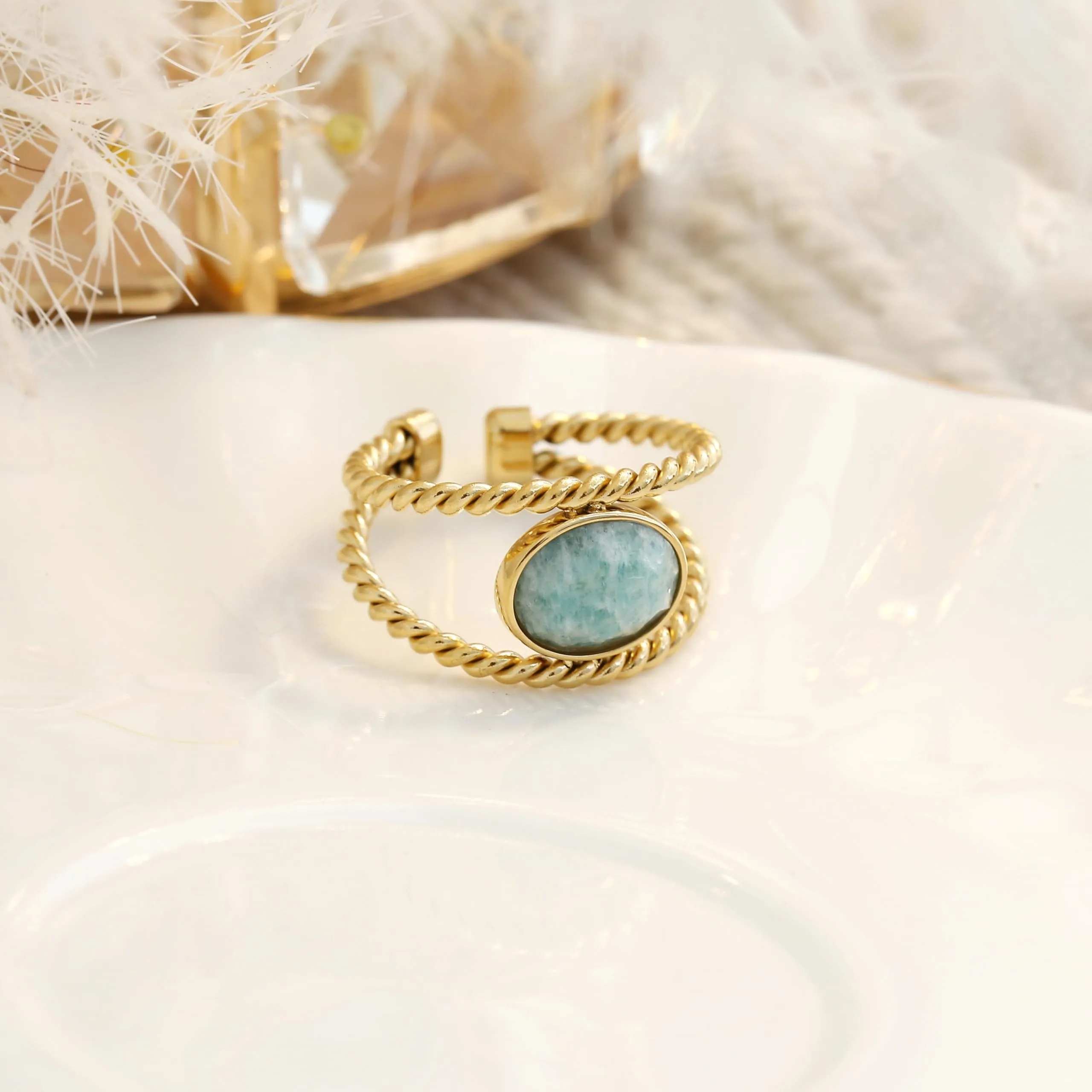 Made by Nami Anello Regolabile Donna in Acciaio Inossidabile Oro e Turchese Boho Statement - immagine 7
