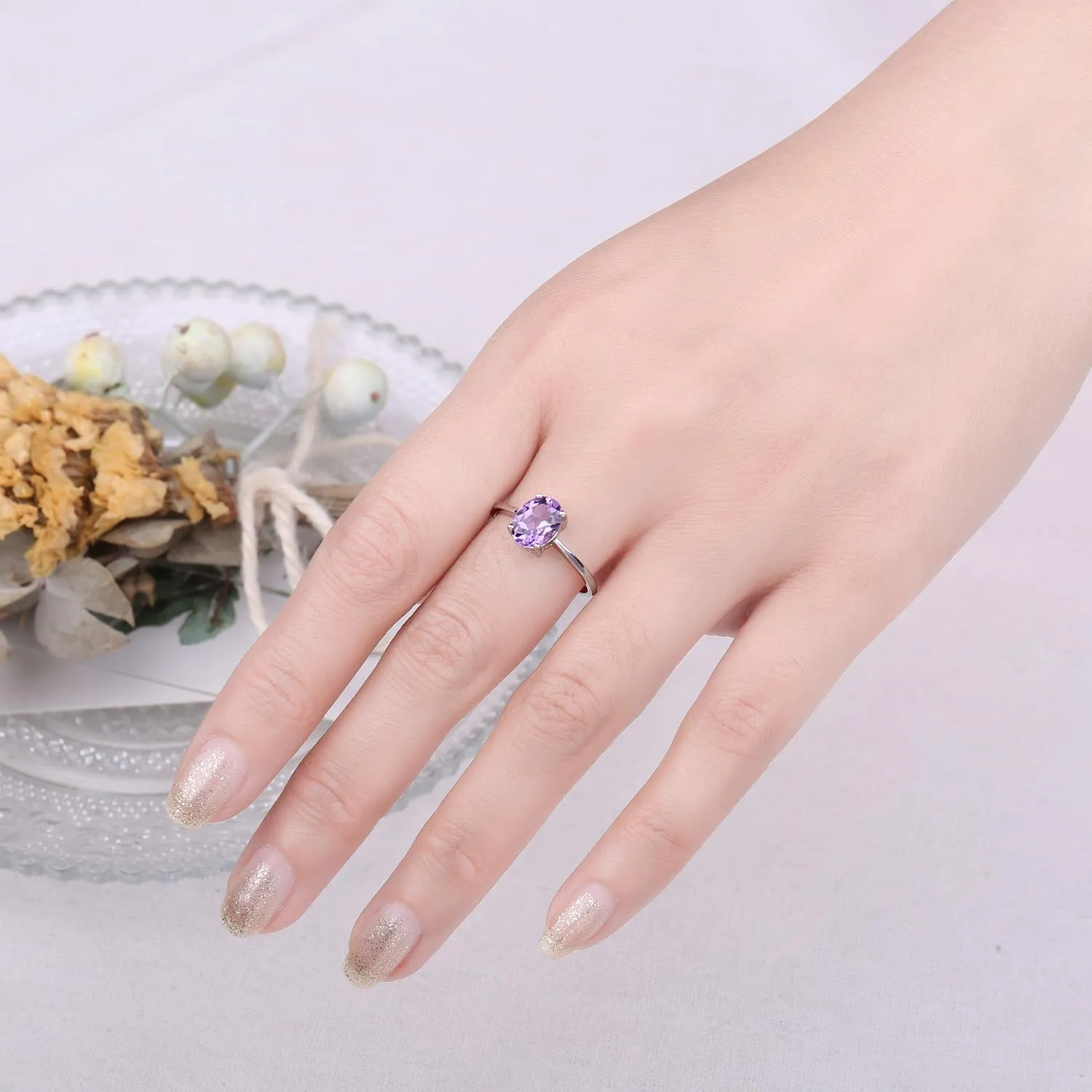 JewelryPalace Anello Solitario Donna in Oro Bianco 14K con Ametista Viola Naturale Taglio Ovale, Misura 9.5 - immagine 4