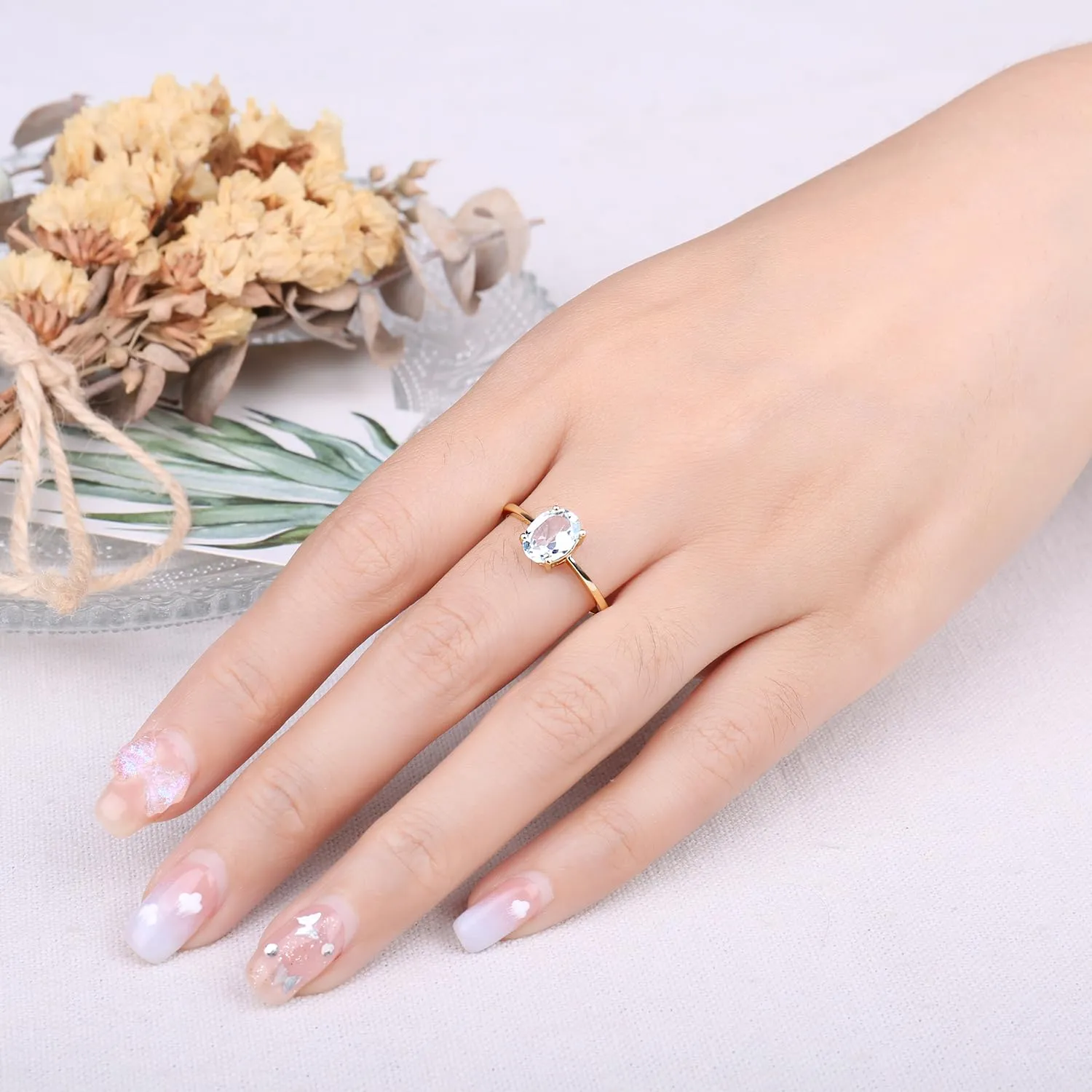 JewelryPalace Anello Donna Placcato Oro Giallo 14K con Topazio Azzurro Naturale, Taglio Ovale, Misura 9.5 - immagine 4