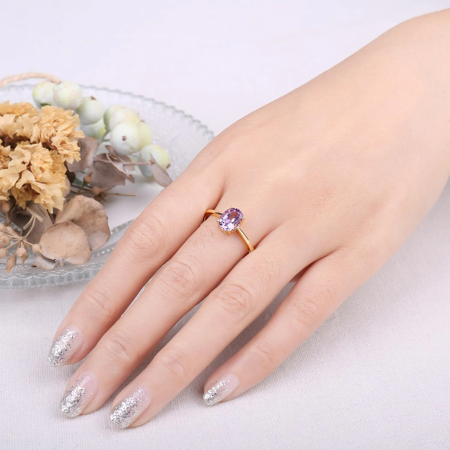 JewelryPalace Anello Donna in Oro Giallo 14K con Ametista Viola Naturale, Solitario Ovale, Misura 8 - immagine 4