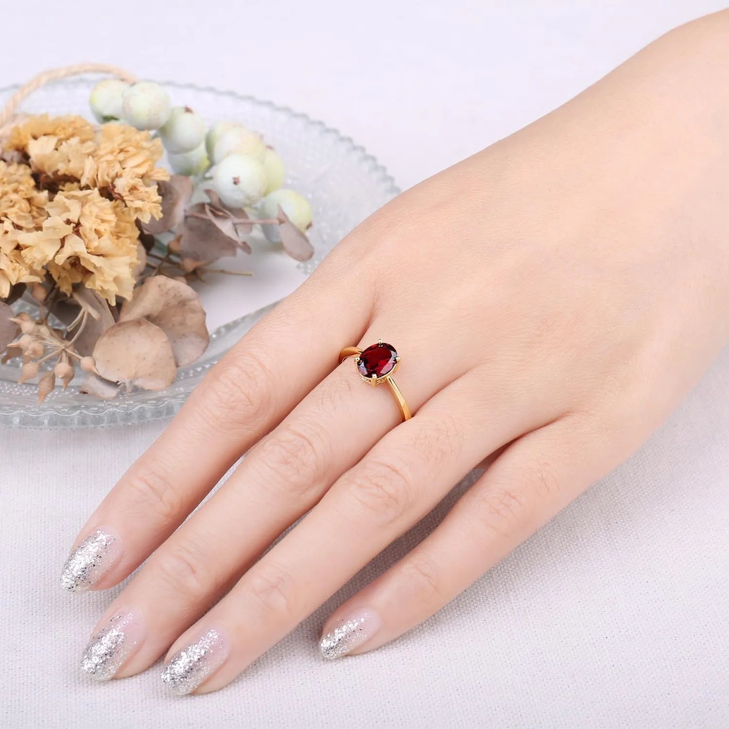 JewelryPalace Anello Donna in Oro Giallo 14K con Granato Rosso Naturale, Solitario Ovale, Misura 19.5 - immagine 4