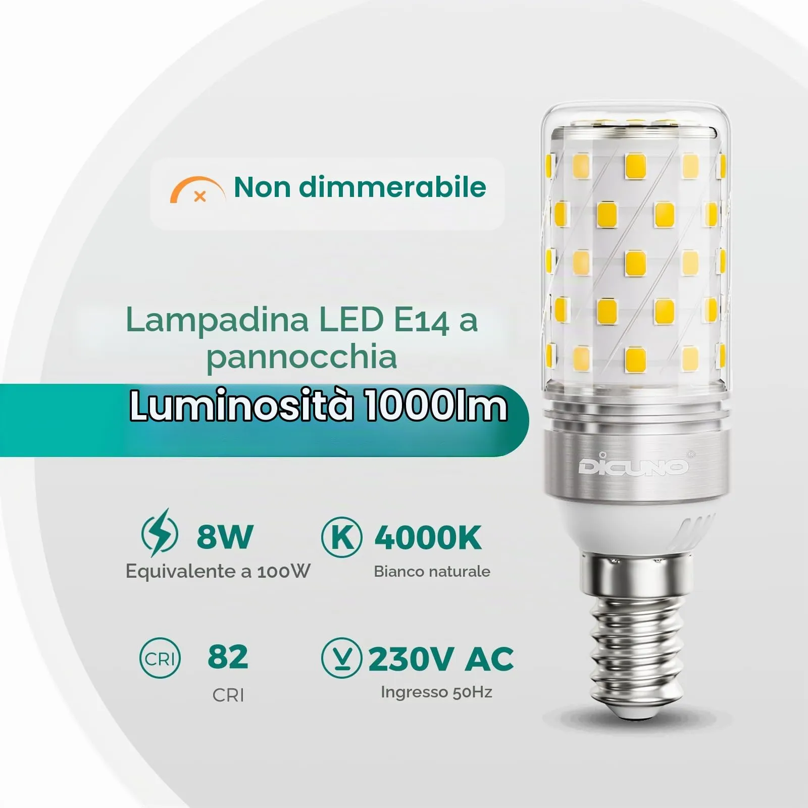 DiCUNO Lampadina LED E14 8W 4000K 1000lm, 4 Pezzi - immagine 2
