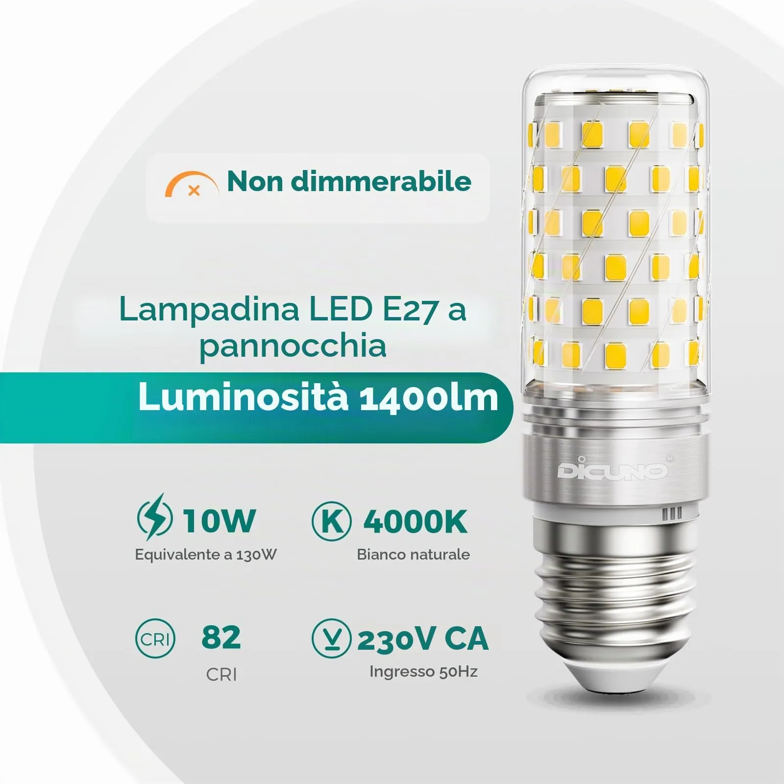 DiCUNO Lampadina LED E27 10W, 4000K, 1400lm, 2 Pezzi - immagine 2