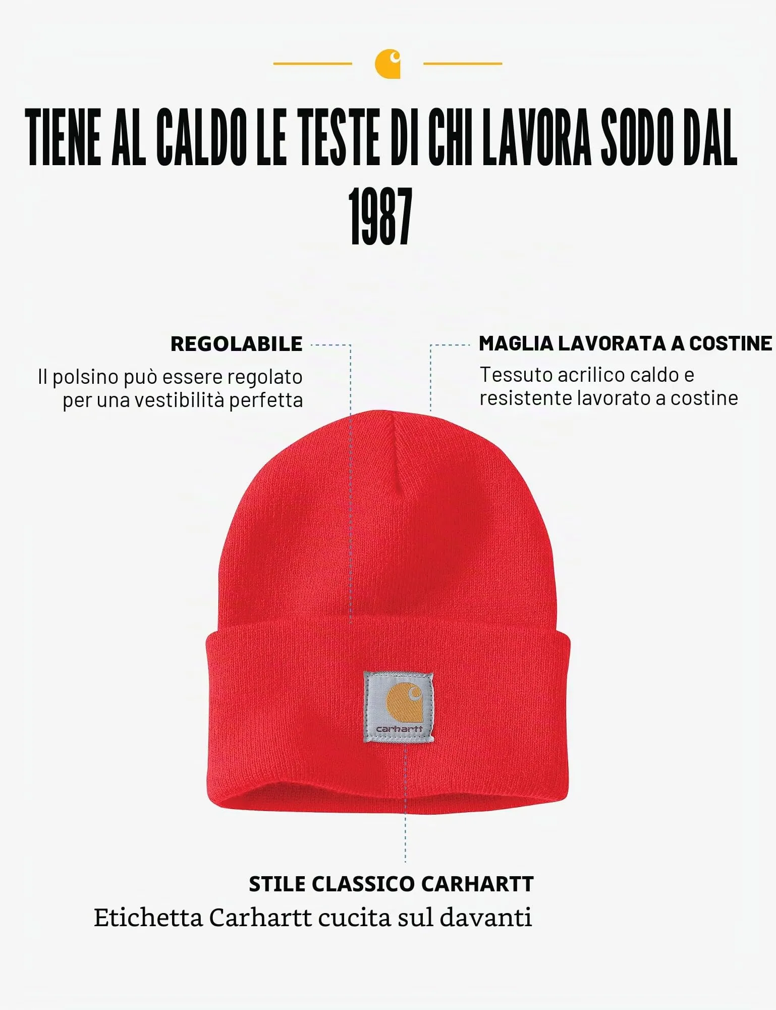 Carhartt Berretto da uomo con risvolto in maglia, Rosso fuoco, Taglia unica - immagine 2