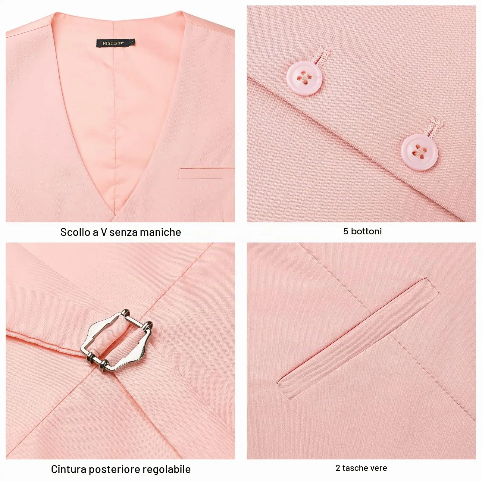HISDERN Gilet da Abito da Uomo in Cotone Tinta Unita Formale, Rosa, S - immagine 5
